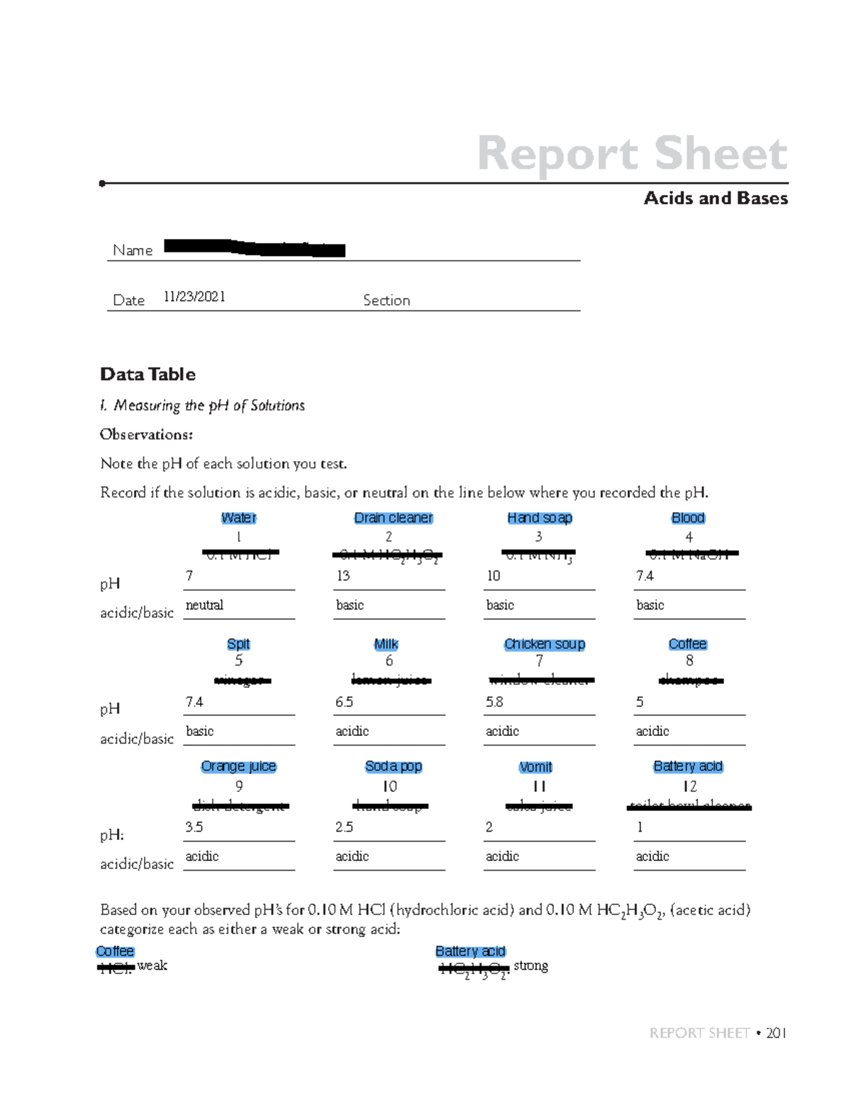 Acids and bases lab report lab REPORT SHEET • 201 Report Sheet