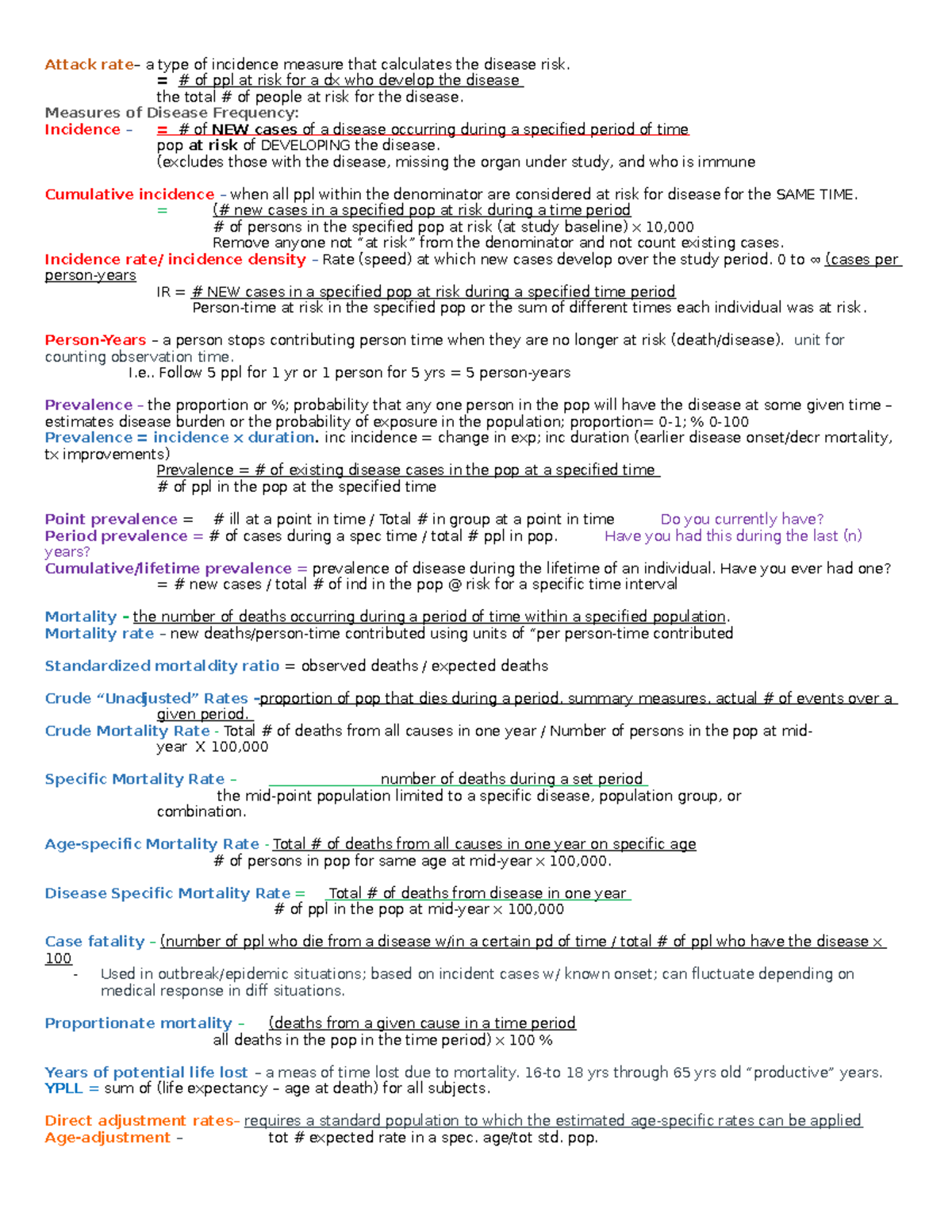 Epidemiology Formulas (Modules 1-7) - Attack rate– a type of incidence ...