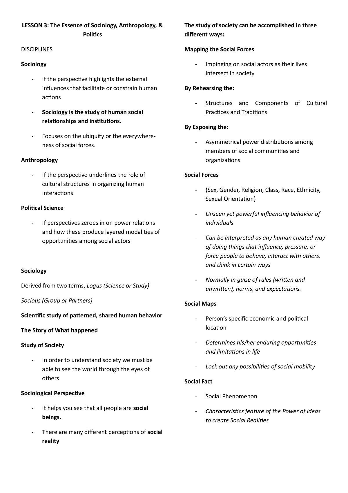 Lesson 3 The Essence of Sociology, Anthropology, & Politics - LESSON 3 ...