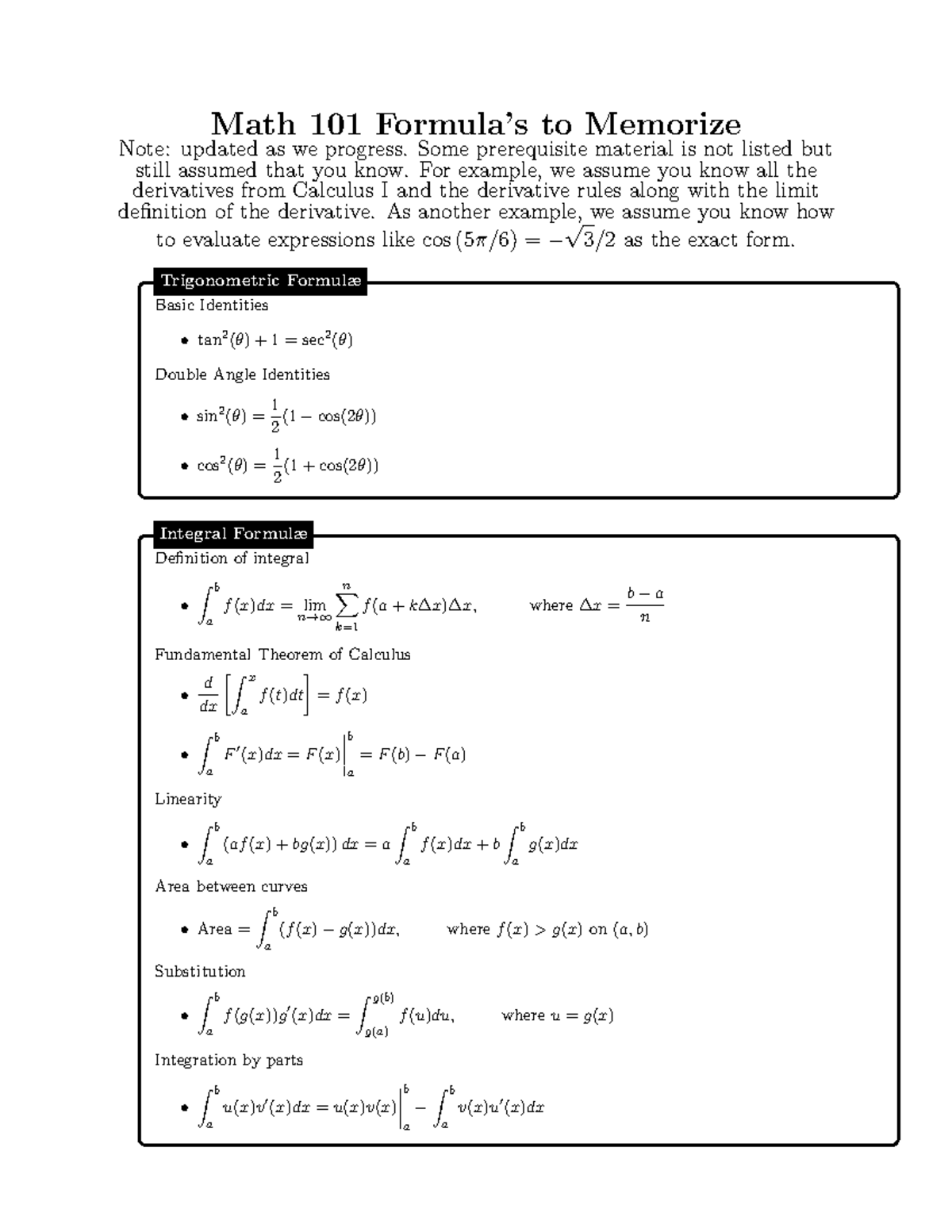 Memorized Formula Sheet Math 101 Formula’s to Memorize Note updated