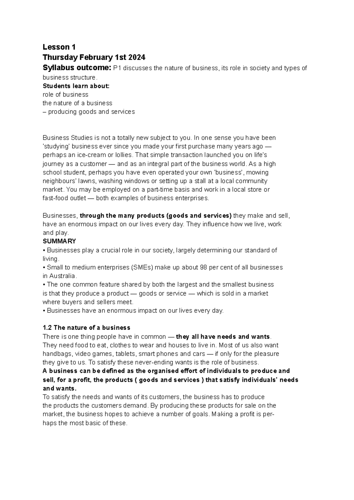 Lesson 1 - Lesson 1 Thursday February 1st 2024 Syllabus outcome: P1 ...