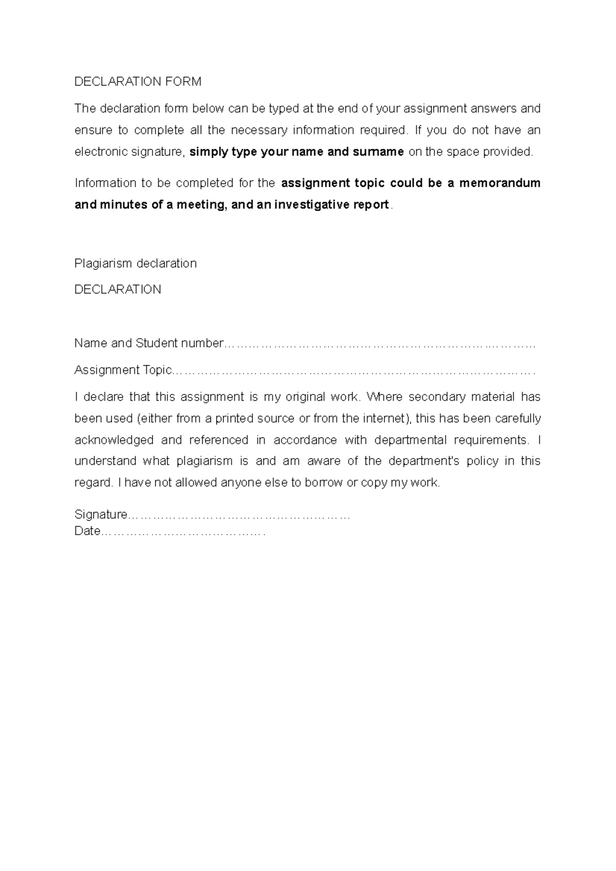 Declaration FORM - DECLARATION FORM The declaration form below can be ...