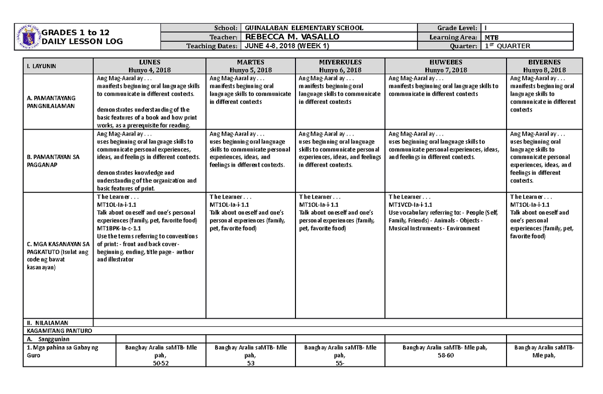 DLL MTB 1 Q1 W1 - DLL MTB 1 Q1 W1 - GRADES 1 to 12 DAILY LESSON LOG ...