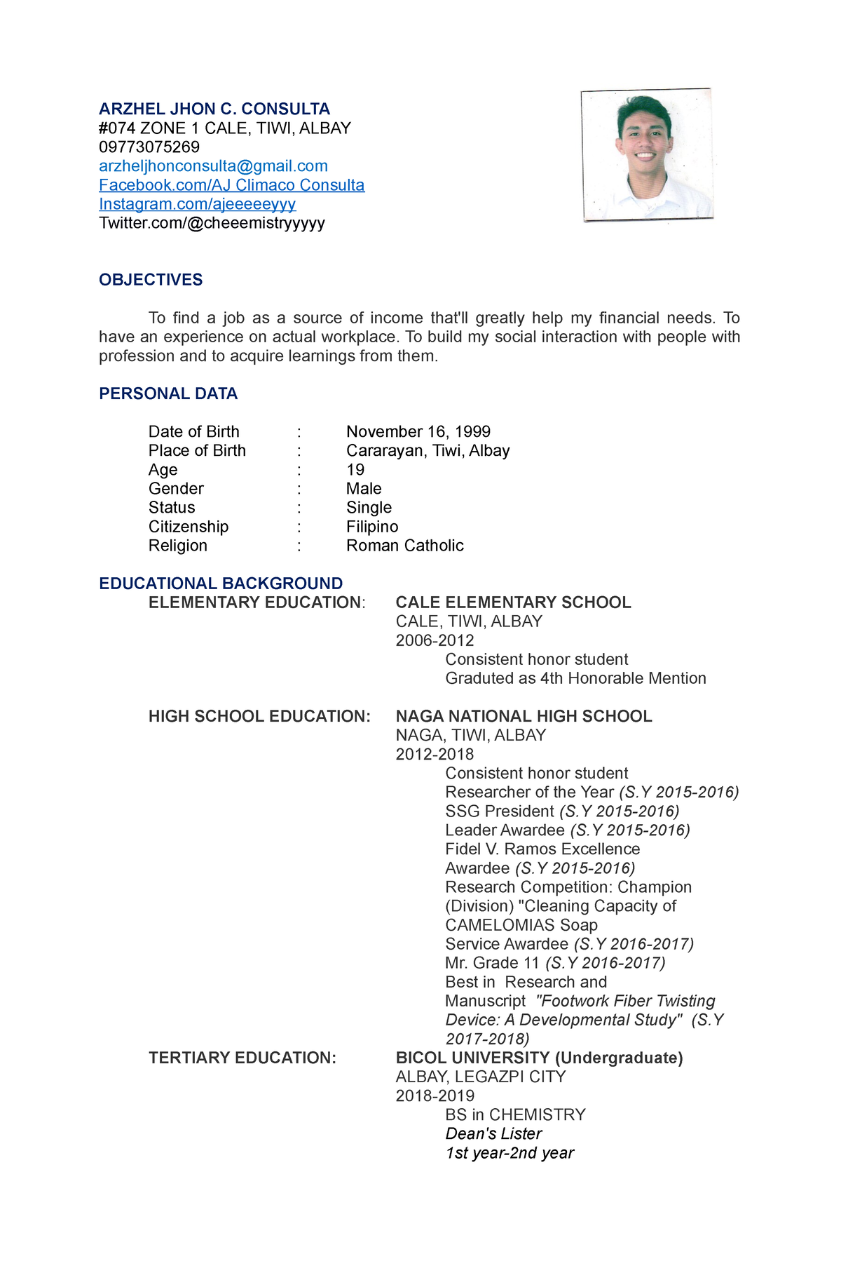 2019 4 9 108205-Resume 2 - ARZHEL JHON C. CONSULTA #074 ZONE 1 CALE ...