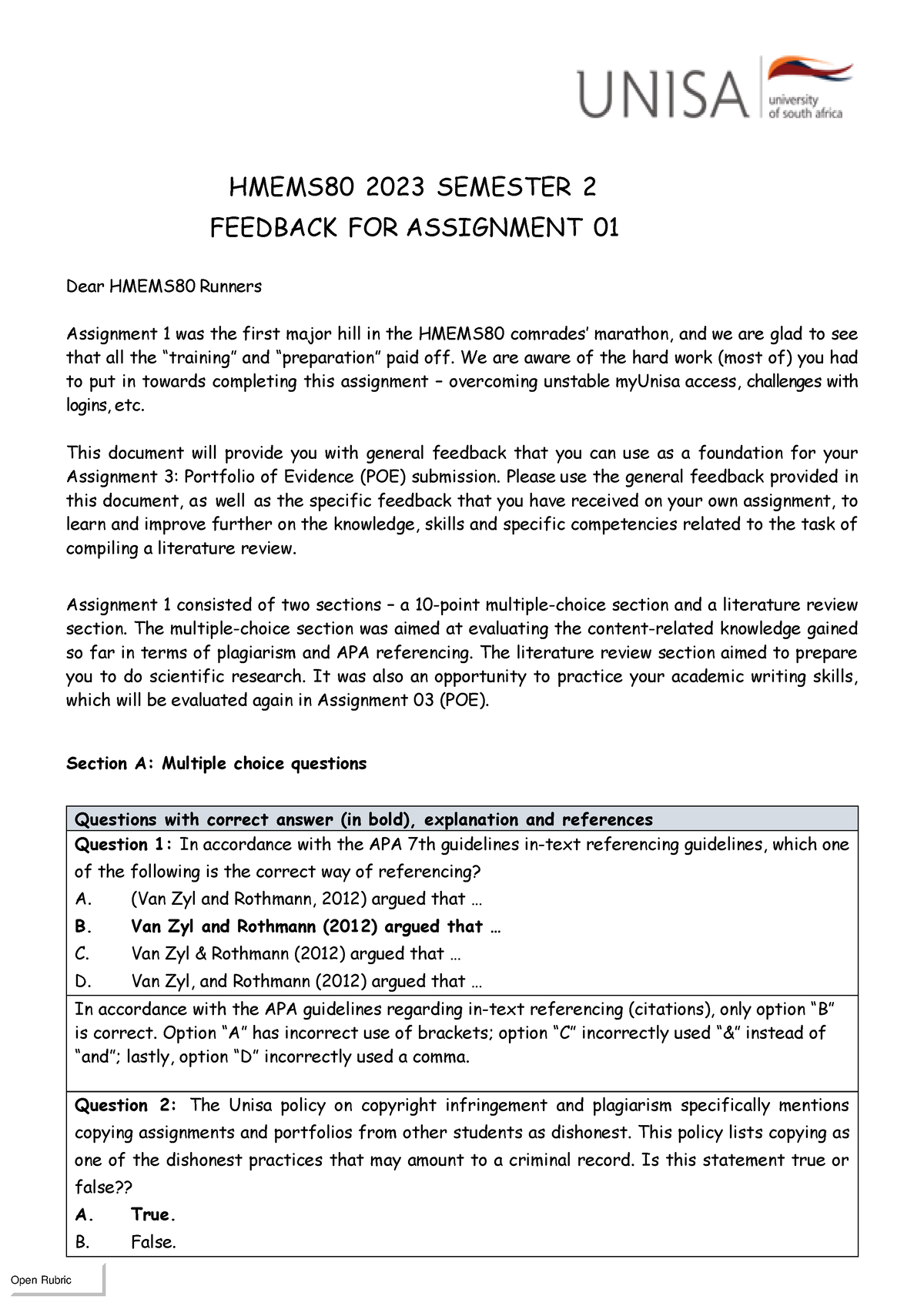 HMEMS80 2023 Sem 2 Ass 01 Feedback - HMEMS80 2023 SEMESTER 2 FEEDBACK ...