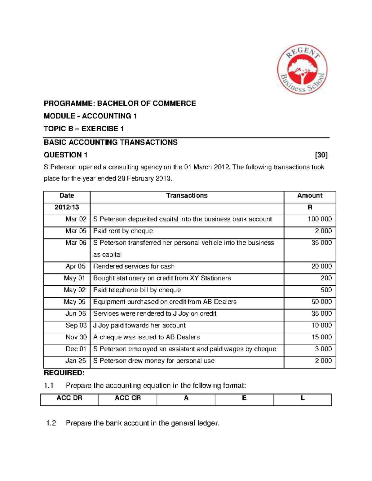 BCOM ACC 1 Topic B Exercise 1 - PROGRAMME: BACHELOR OF COMMERCE MODULE ...