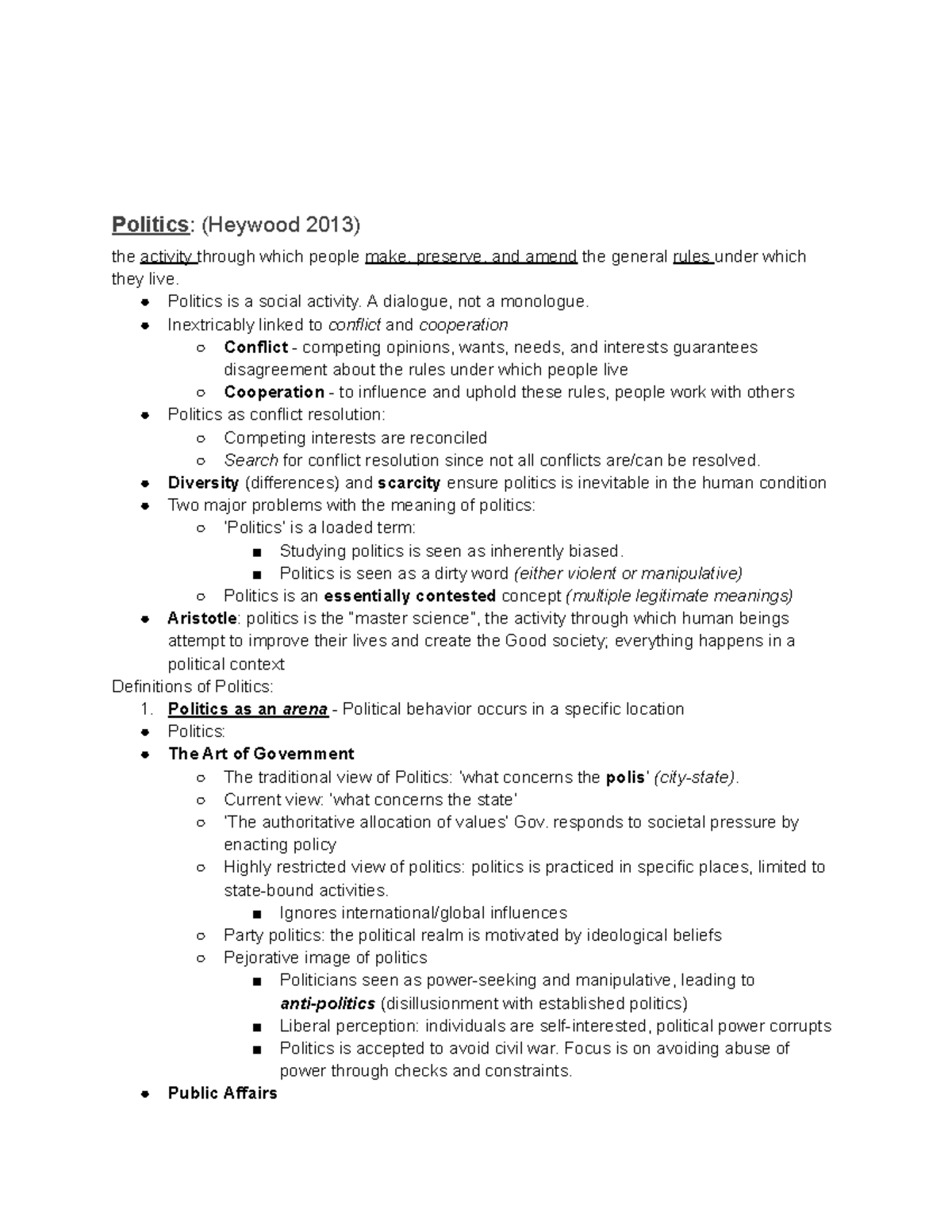 Pol Sci 101 Week 1 Notes 1 - Politics: (Heywood 2013) The Activity ...