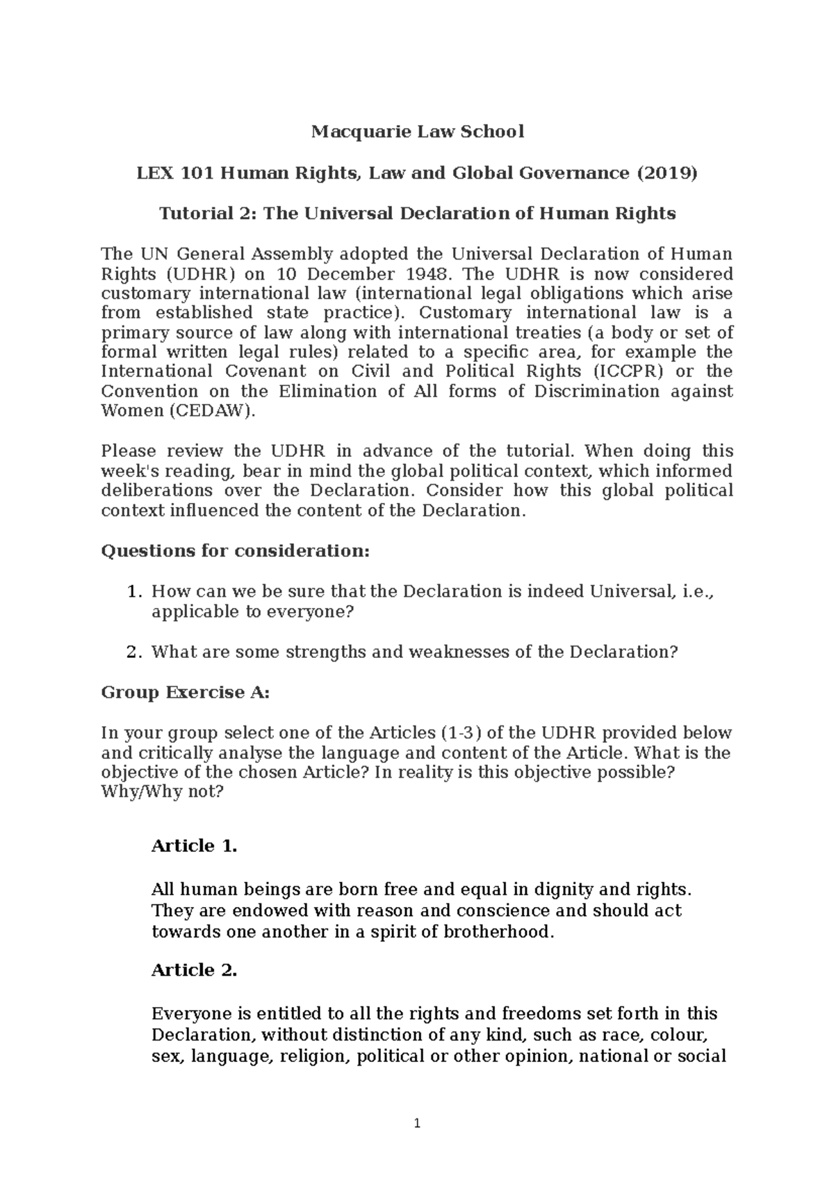 LEX 101 Tutorial 2 AB 2019 - Macquarie Law School LEX 101 Human Rights ...