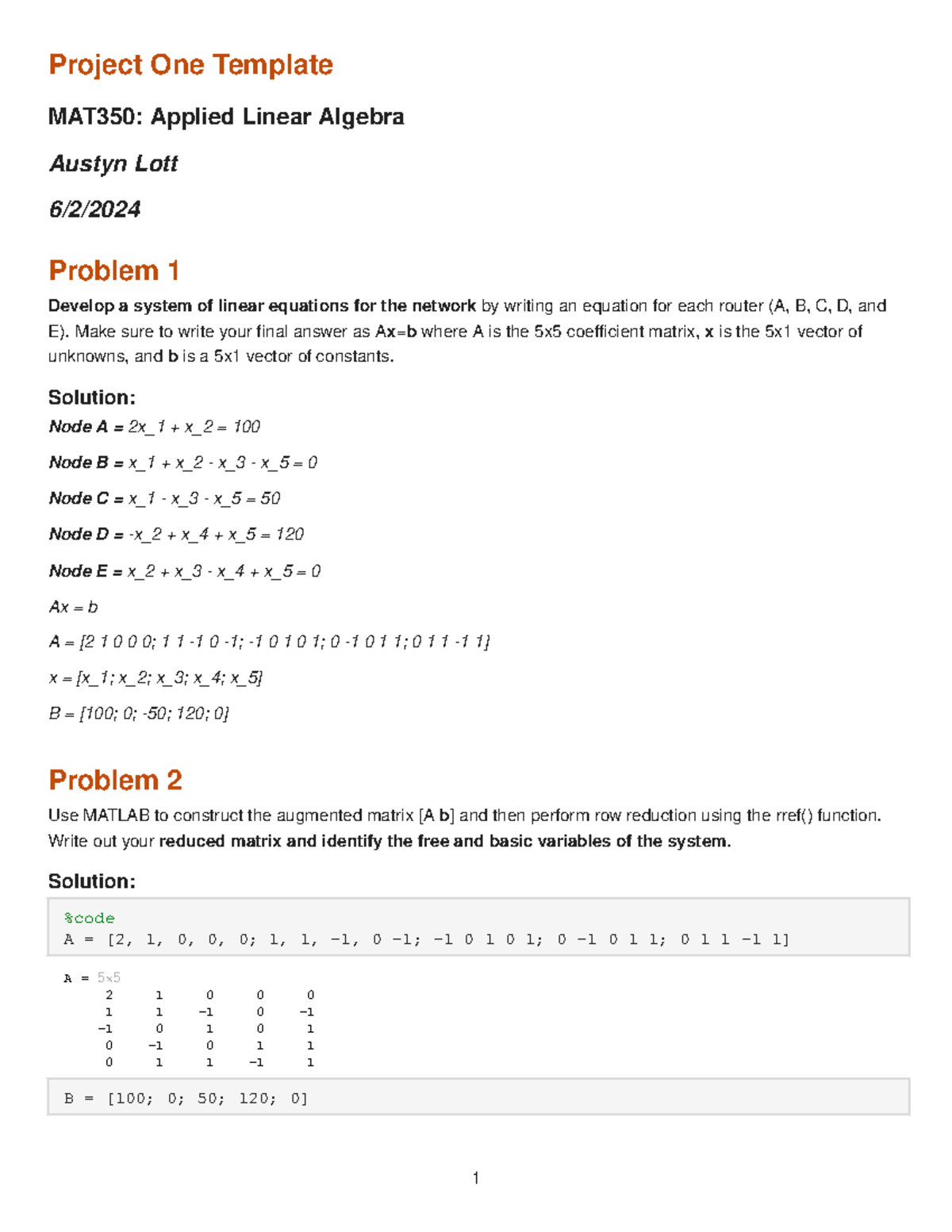 Project One Template - Project One Template MAT350: Applied Linear ...