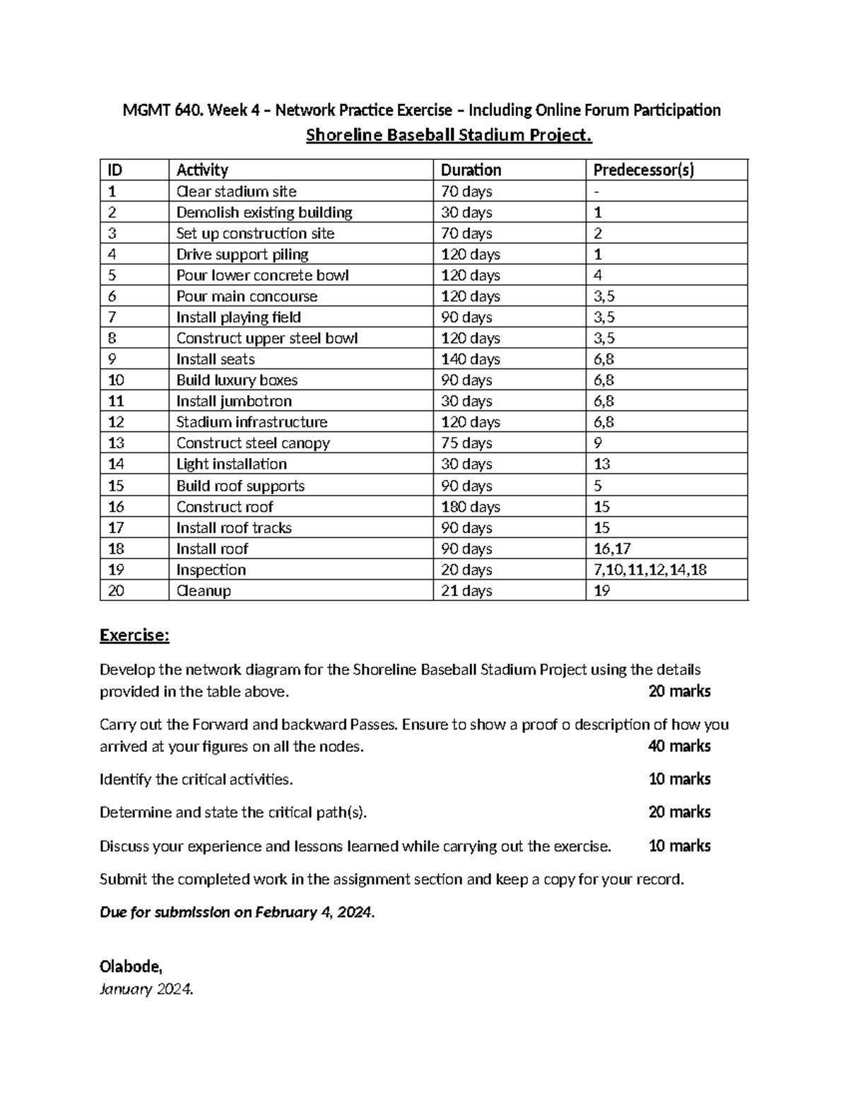 Network Diagram Exercise MGMT 640 . Week 4 MGMT 640. Week 4