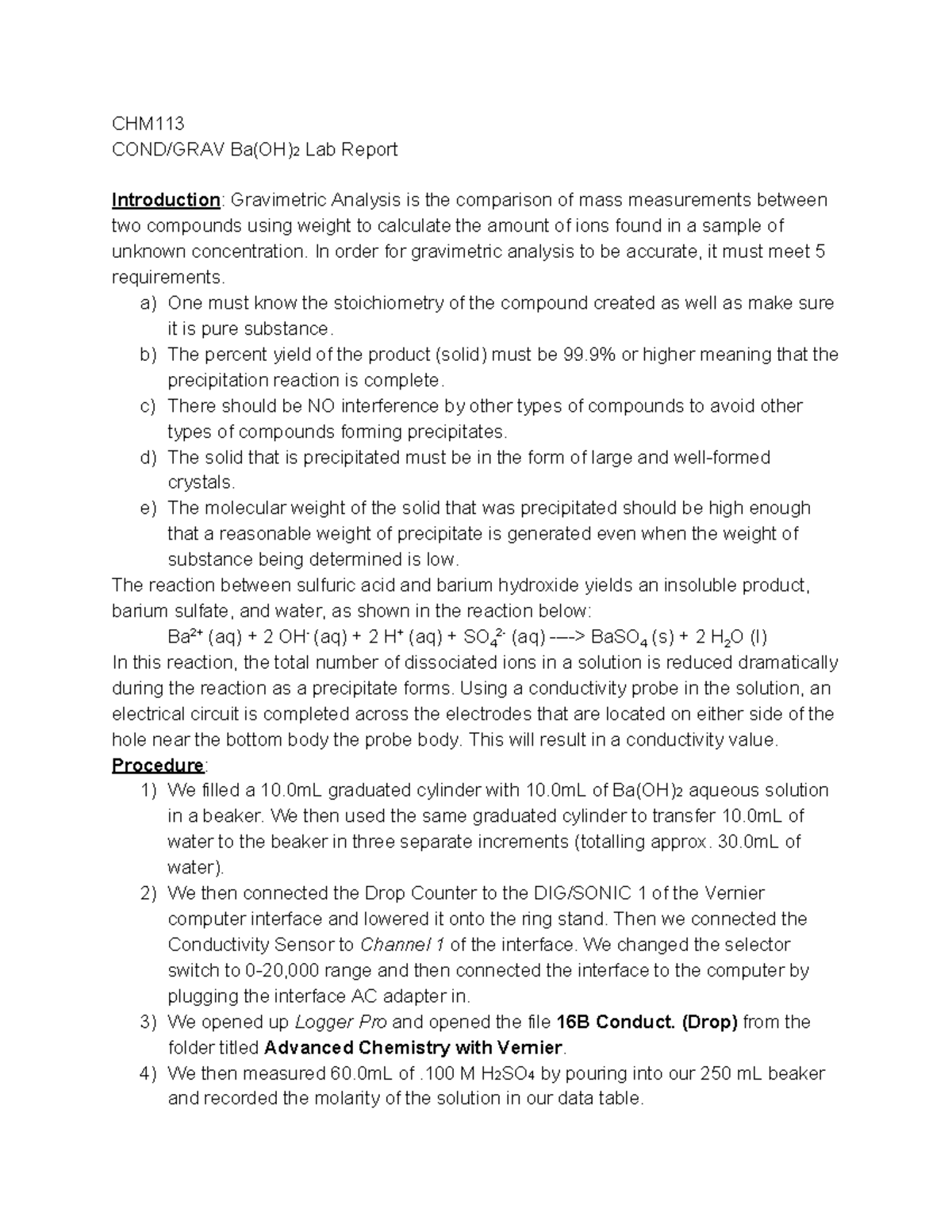 CHM113 Lab Report COND GRAV Ba OH 2 Experiment 2 - CHM COND/GRAV Ba(OH ...