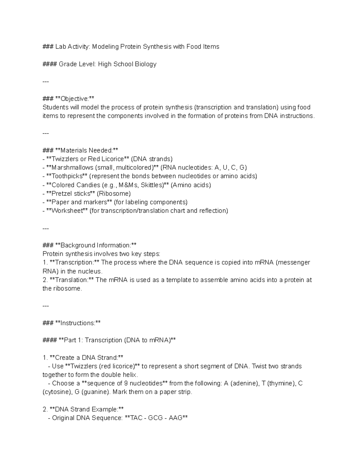 Lab Activity Modeling Protein Synthesis with Food Items Materials