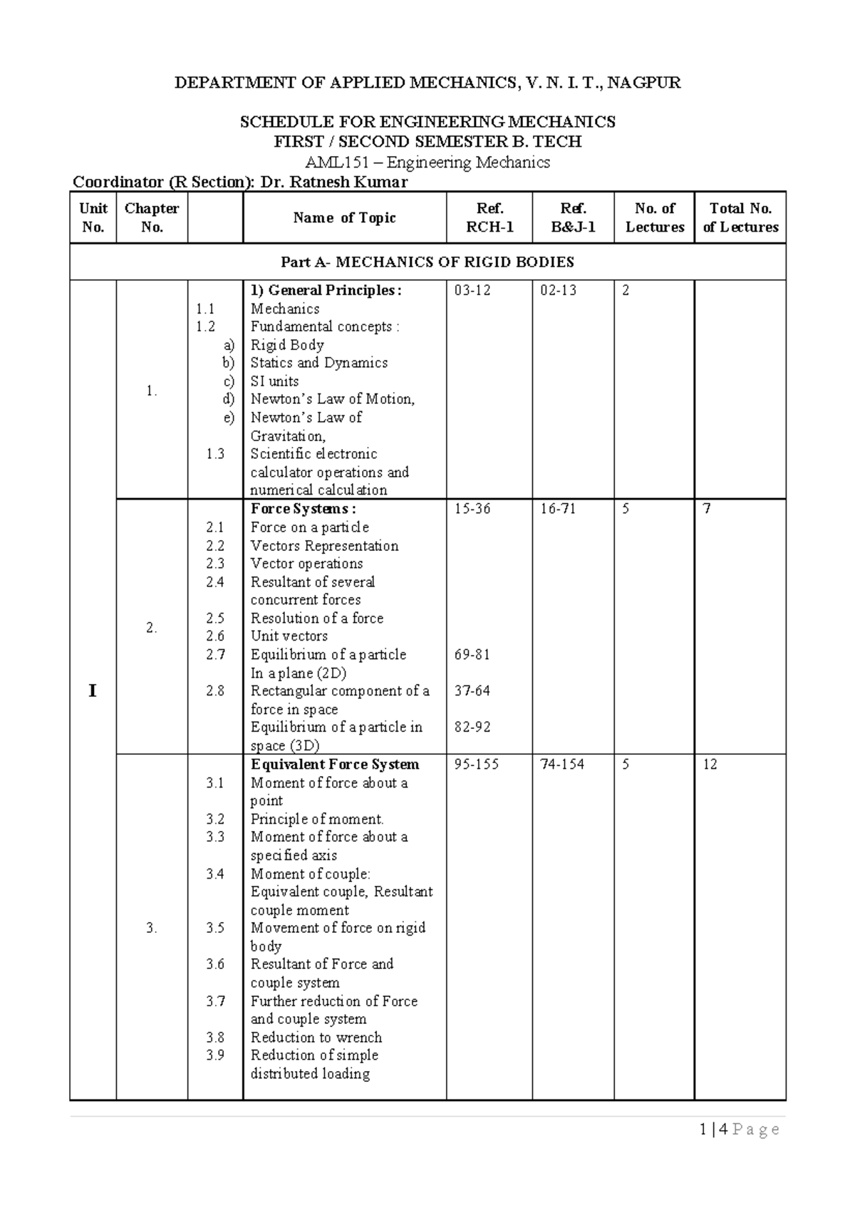 AML 151 Schedule for Engineering Mechanics Ratnesh Kumar - DEPARTMENT ...