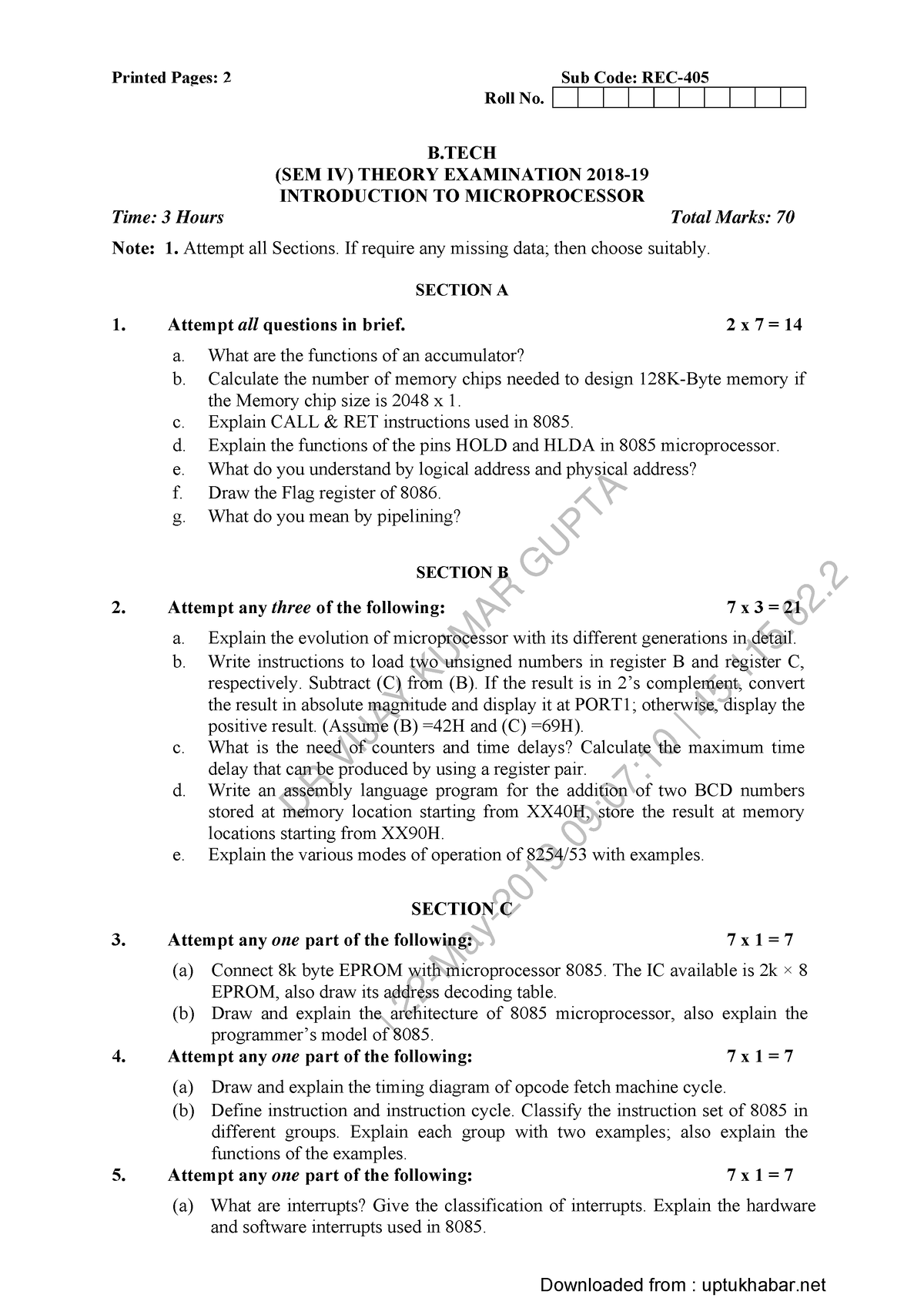 Introdcution TO Microprocessor REC 405 2018 - B.tech - AKTU - Studocu