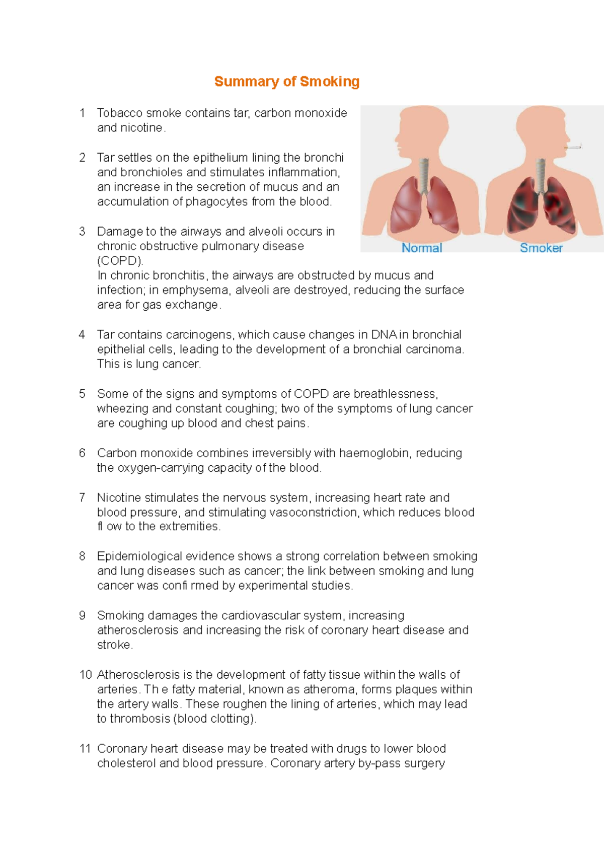 Summary of Smoking and Lung health - Summary of Smoking 1 Tobacco smoke ...