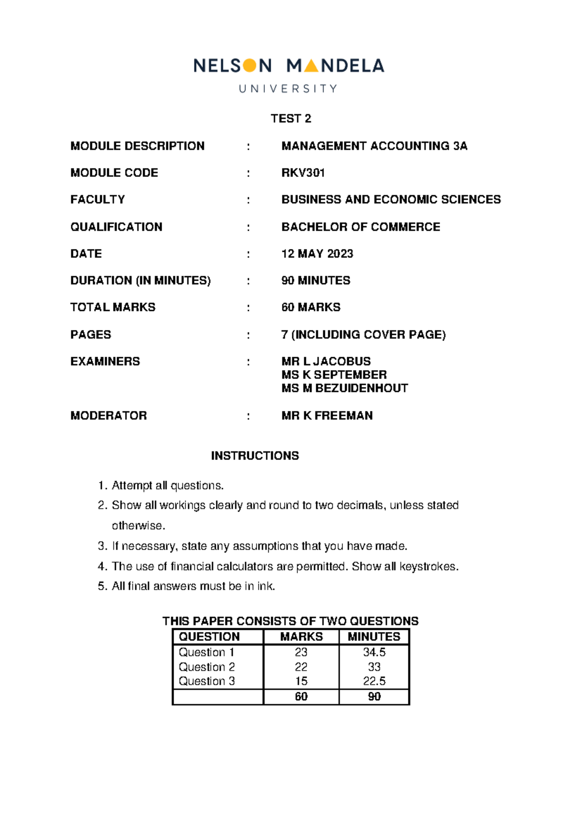 Final RKV301 TEST 2 Q 2023 - TEST 2 MODULE DESCRIPTION : MANAGEMENT ...