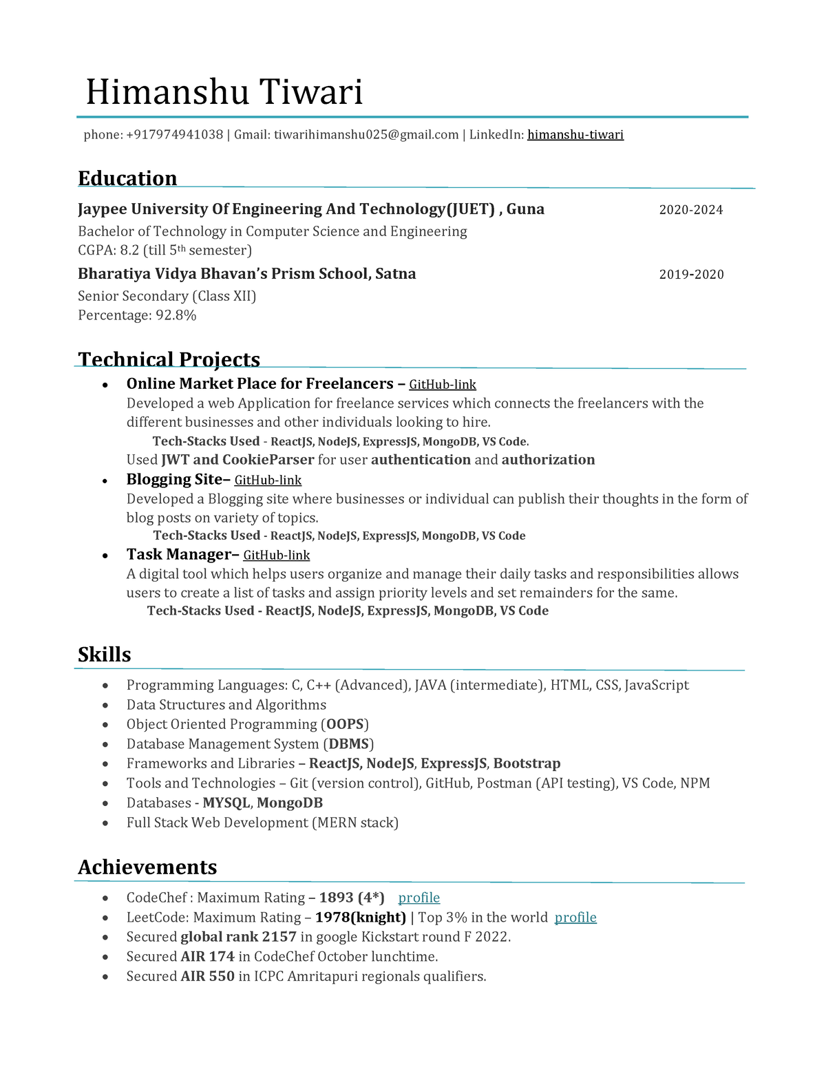 Himanshu Tiwari resume final - Himanshu Tiwari phone: +917974941038 ...