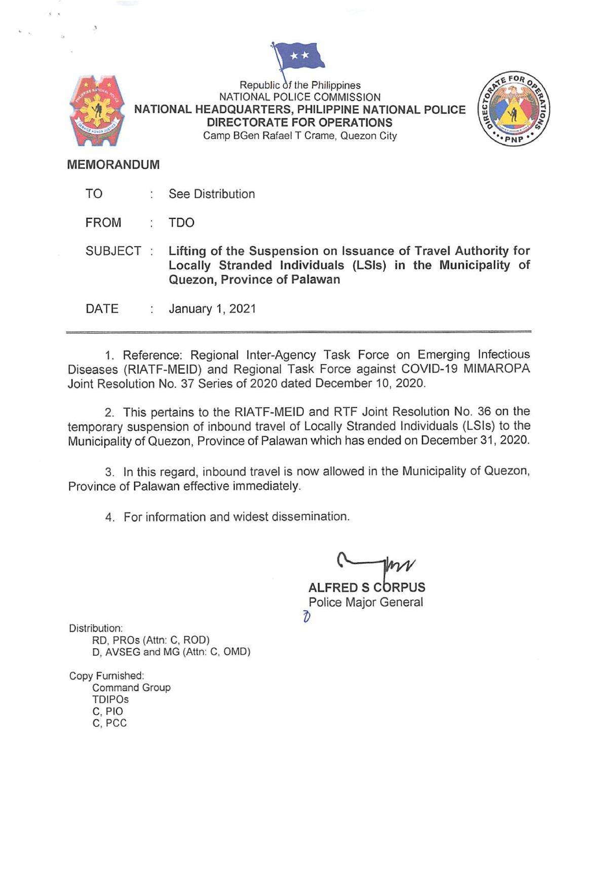 Lifting OF THE Suspension OF Issuance OF Travel Authority FOR Locally ...