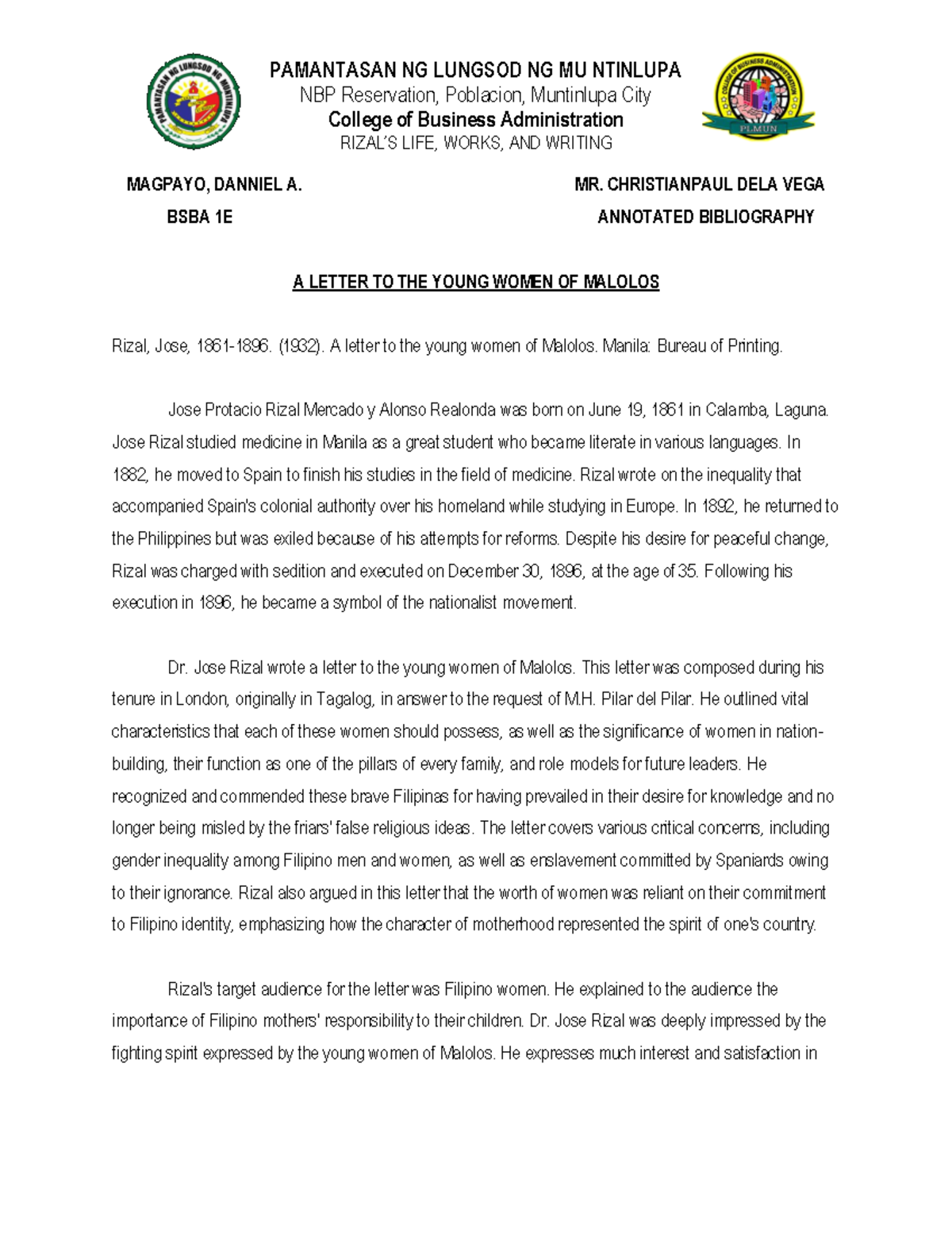 Letter To The Young Lady Of Malolos Summary