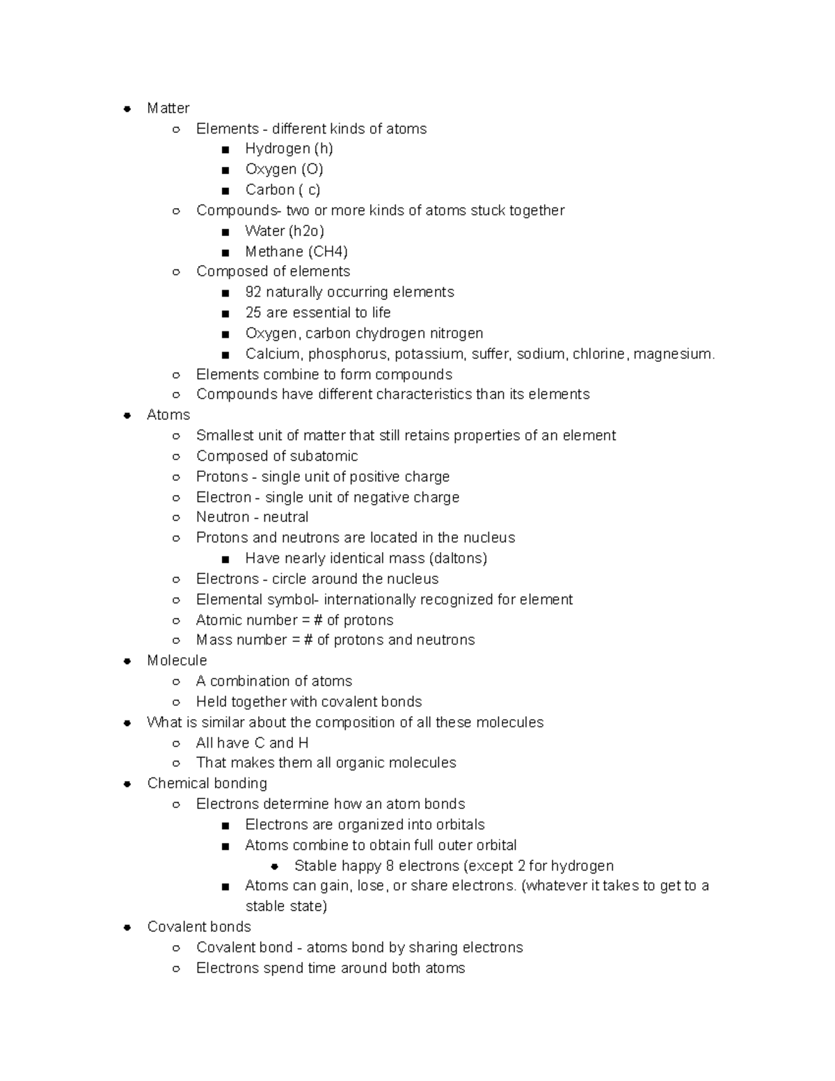 Unit 2 bio notes - Matter Elements - different kinds of atoms Hydrogen ...