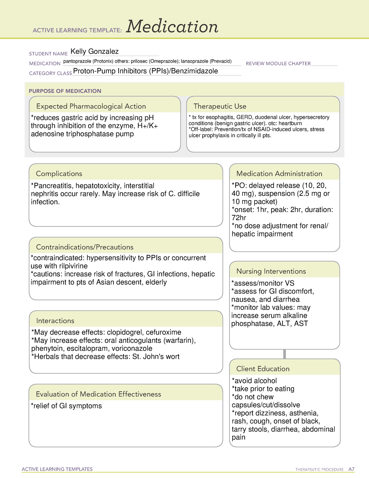 ATI Medication: pantoprazole (Protonix) ACTIVE LEARNING TEMPLATES