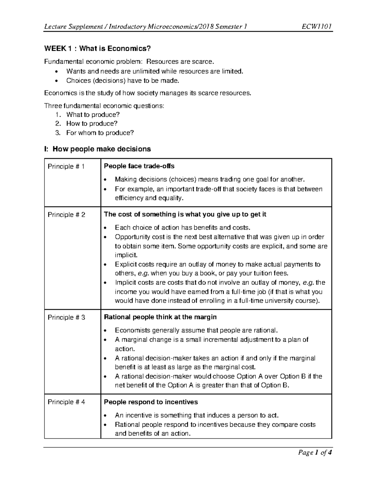 Lecture Supplement Week 1 - WEEK 1 : What is Economics? Fundamental ...