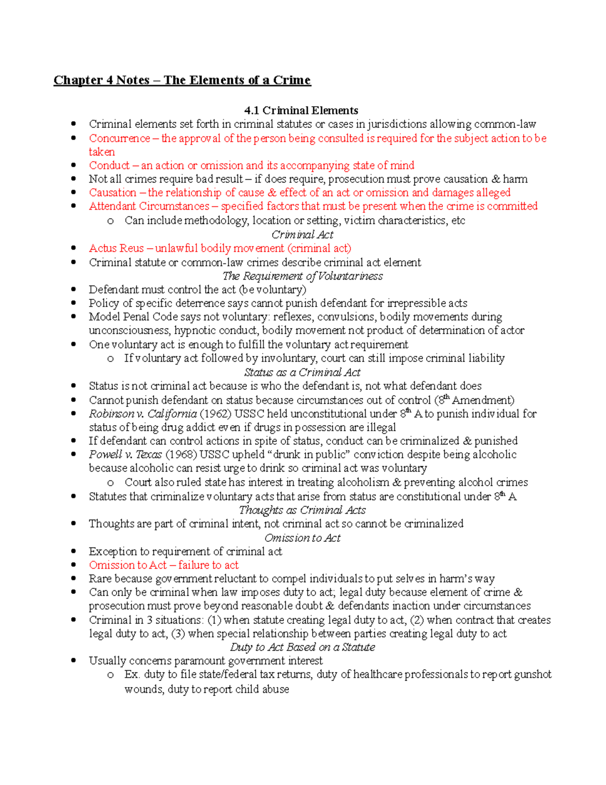 Chapter 4 Notes The Elements of a Crime Chapter 4 Notes The