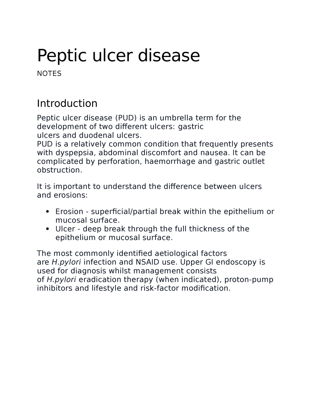 Peptic Ulcer Disease Lecture Notes Peptic Ulcer Disease NOTES Introduction Peptic Ulcer