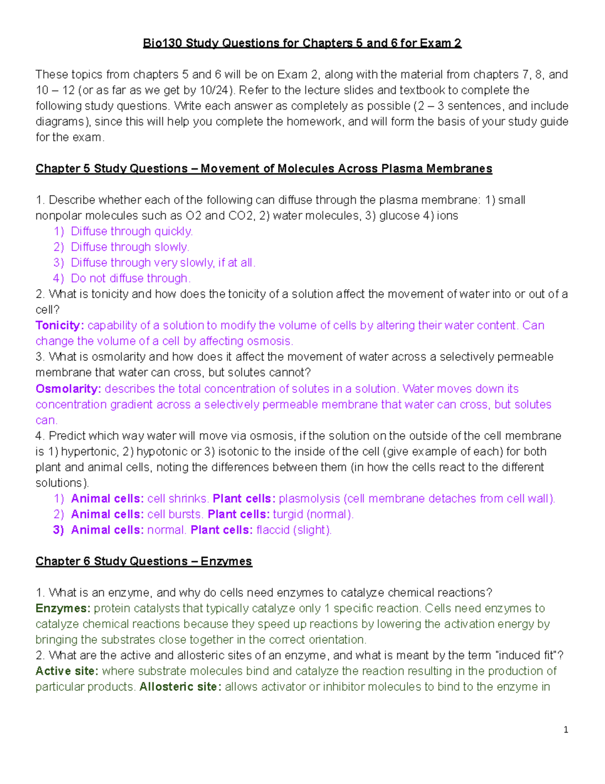 Bio130 Study Questions Update with Chapters 5678 and 10 Bio130
