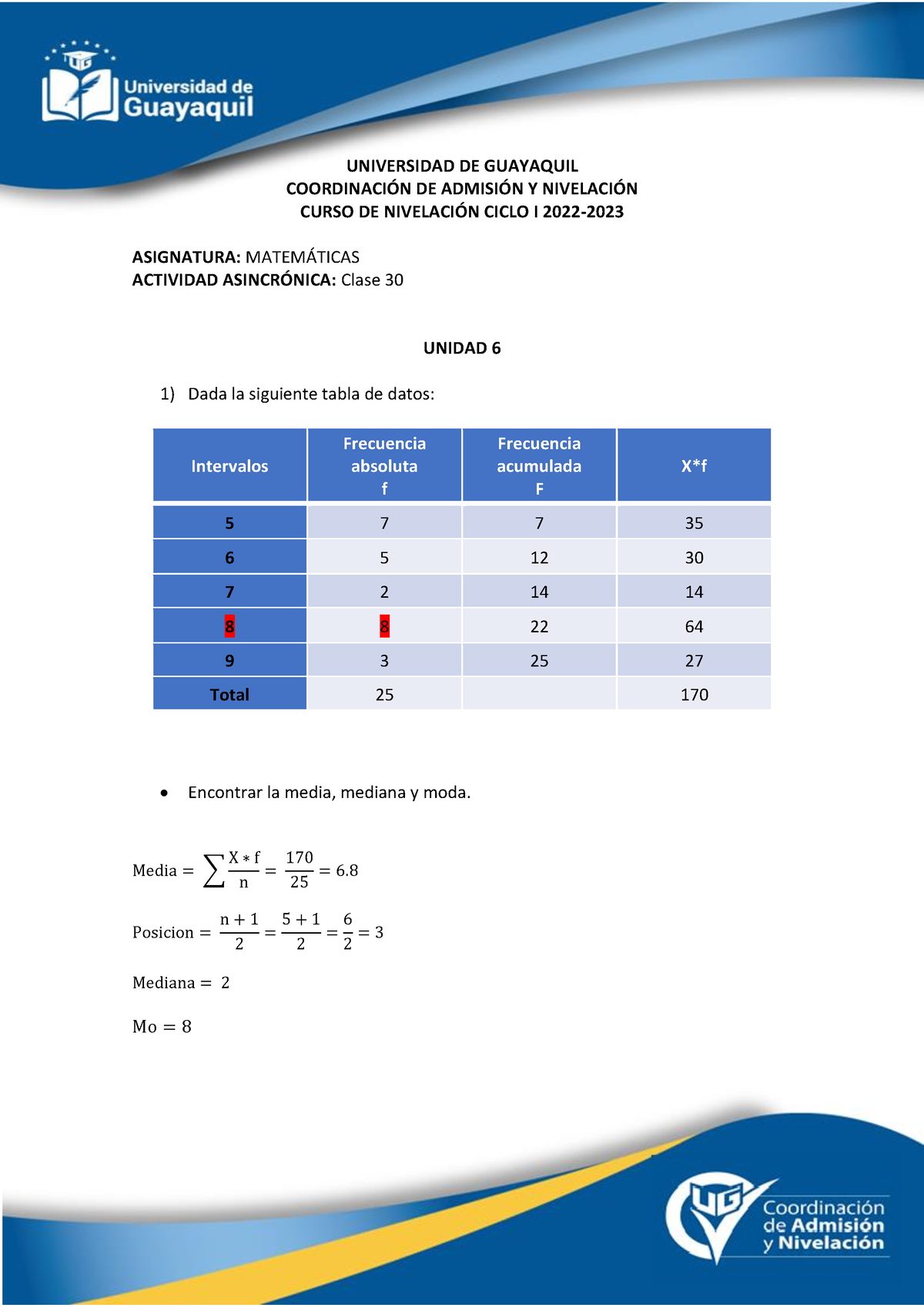 Tarea-U6-Clase 30-S8 - Siu - UNIVERSIDAD DE GUAYAQUIL COORDINACI”N DE ...