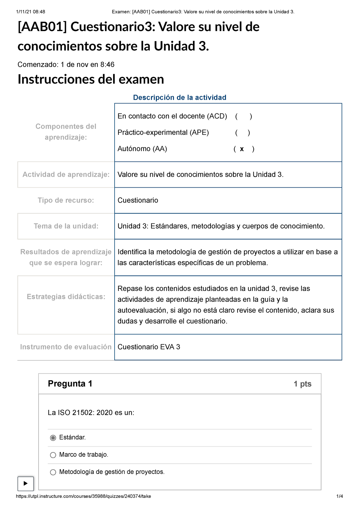 Examen [AAB01] Cuestionario 3 Valore Su Nivel De Conocimientos Sobre La ...