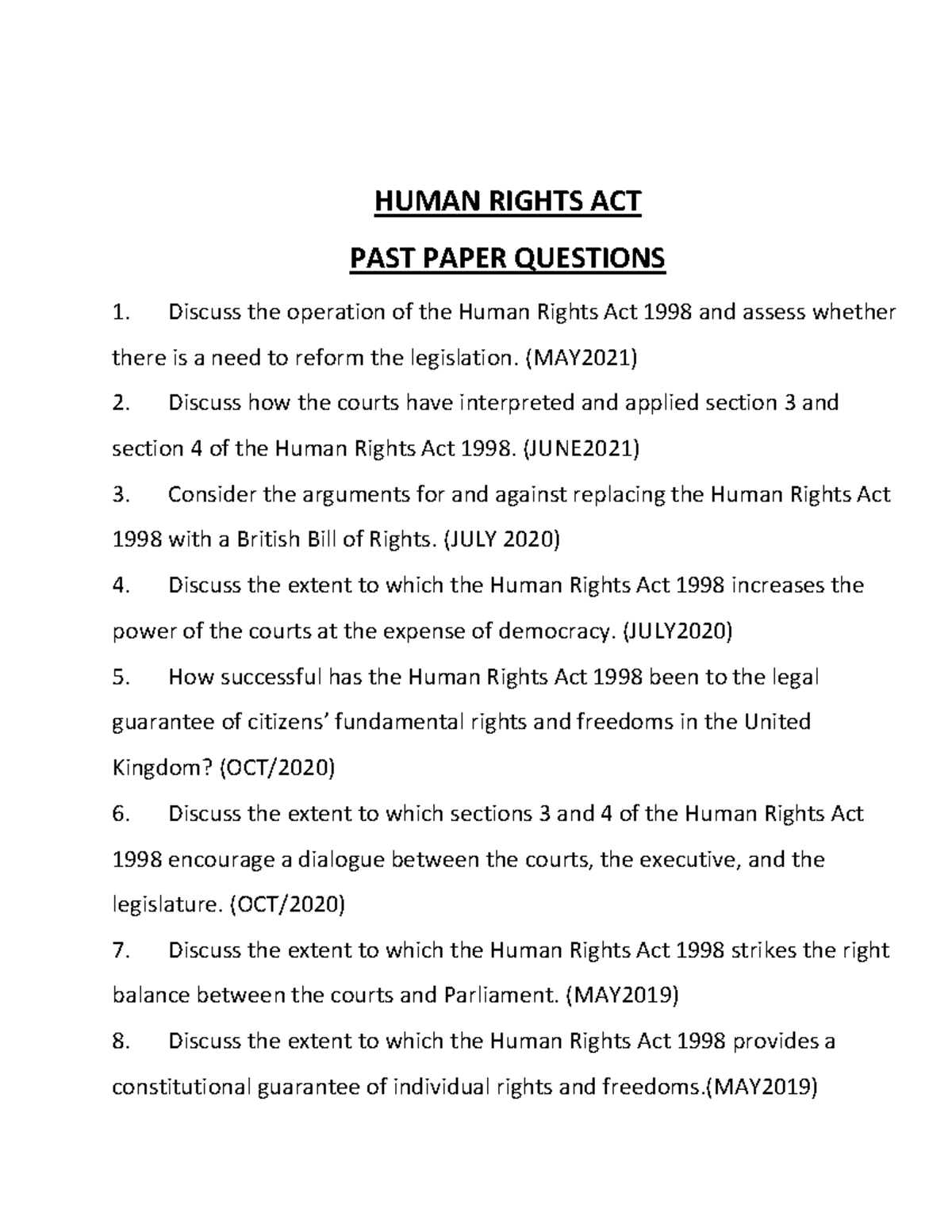 Human Rights Act Exam Questions HUMAN RIGHTS ACT PAST PAPER QUESTIONS 