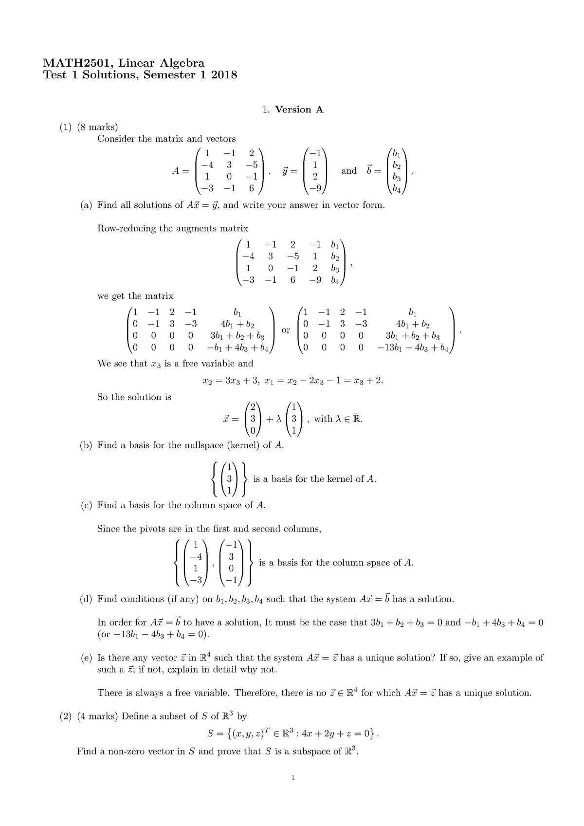 2501 Past Paper - MATH2501, Linear Algebra Test 1 Solutions, Semester 1 ...