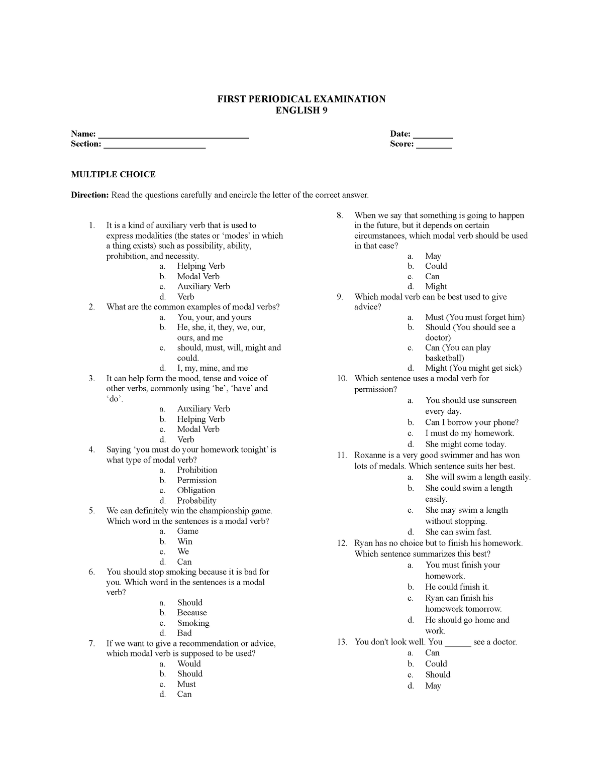 English-1ST-EXAM - Periodical Test - FIRST PERIODICAL EXAMINATION ENGLISH 9 Name: - Studocu