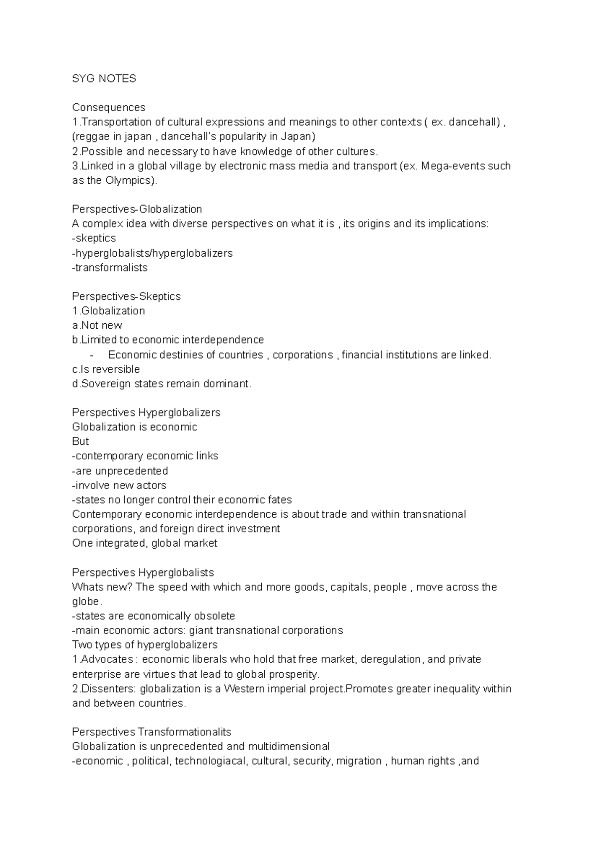 SYG Notes - SYG NOTES Consequences 1 of cultural expressions and ...