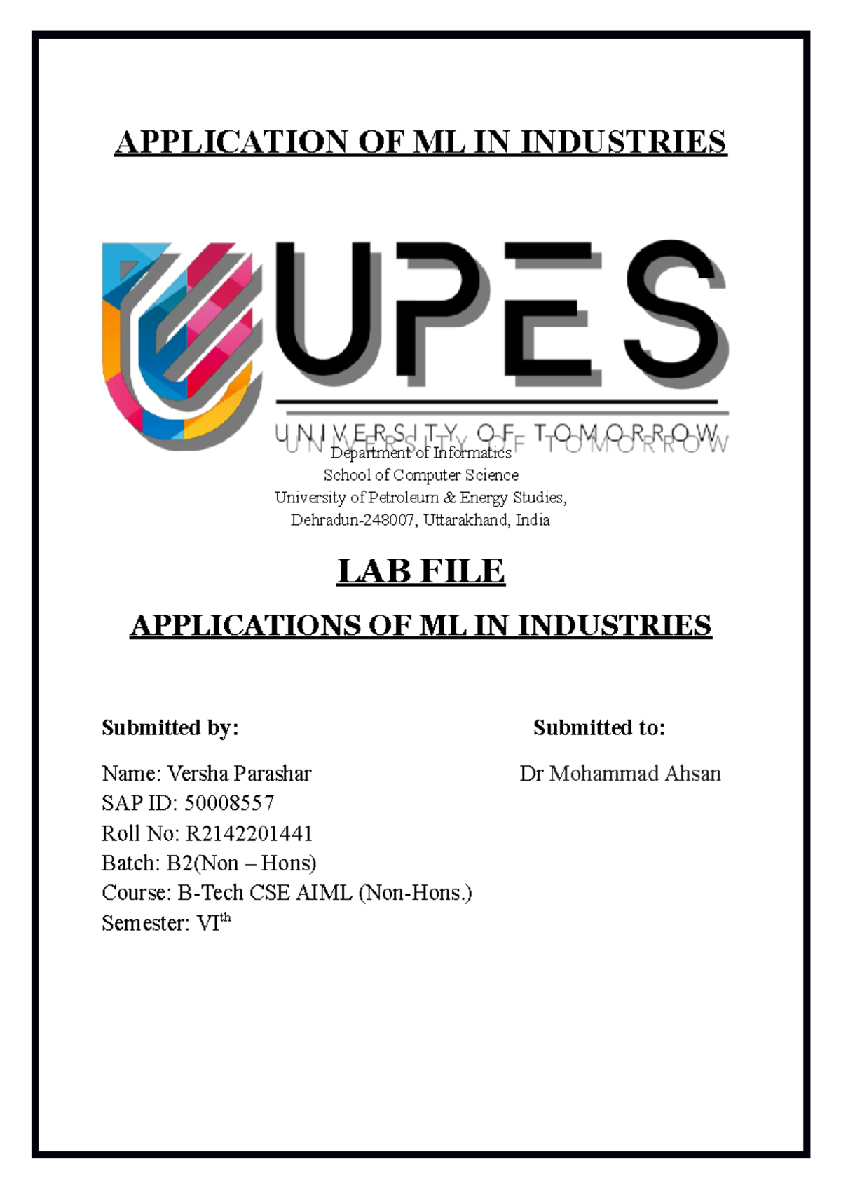 ML File - MACHINE LEARNING - APPLICATION OF ML IN INDUSTRIES Department ...