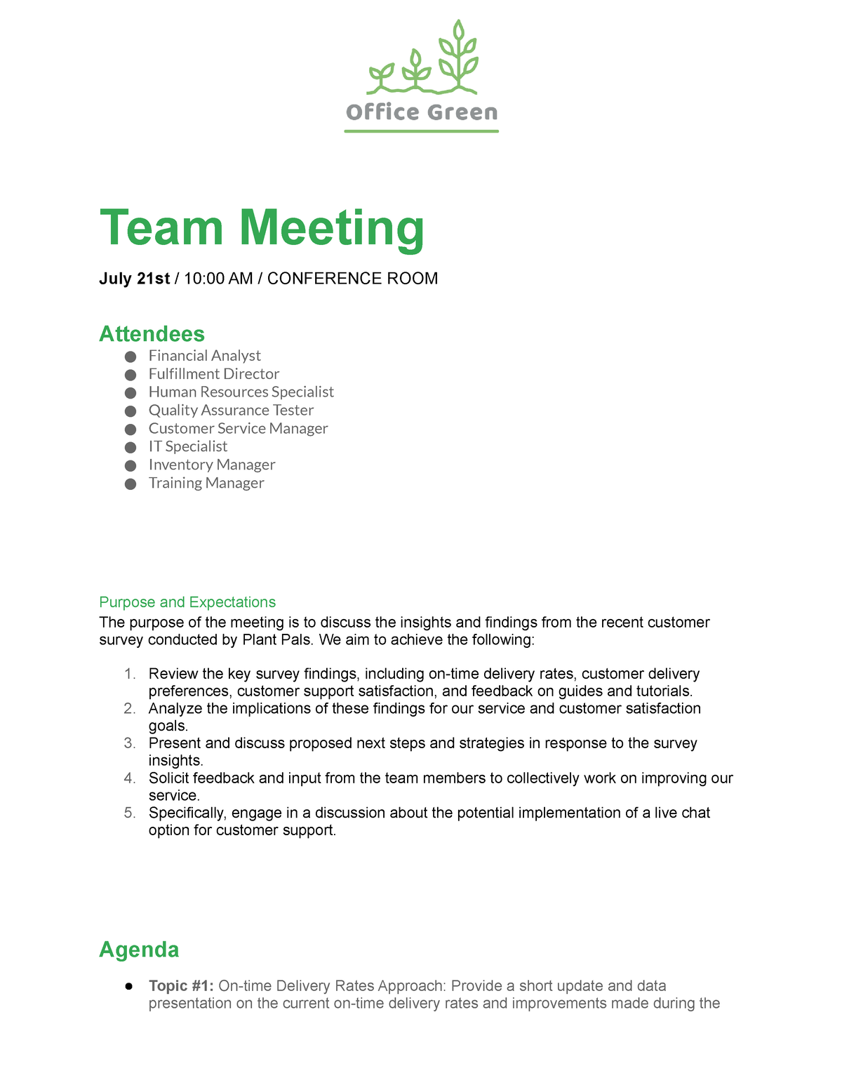 Activity Template Meeting agenda - Team Meeting July 21st / 10:00 AM ...