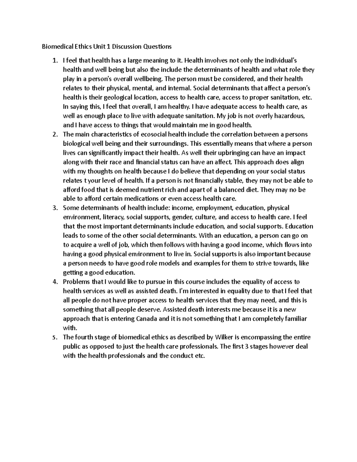 Biomedical Ethics Unit 1 Discussion Questions - Biomedical Ethics Unit ...