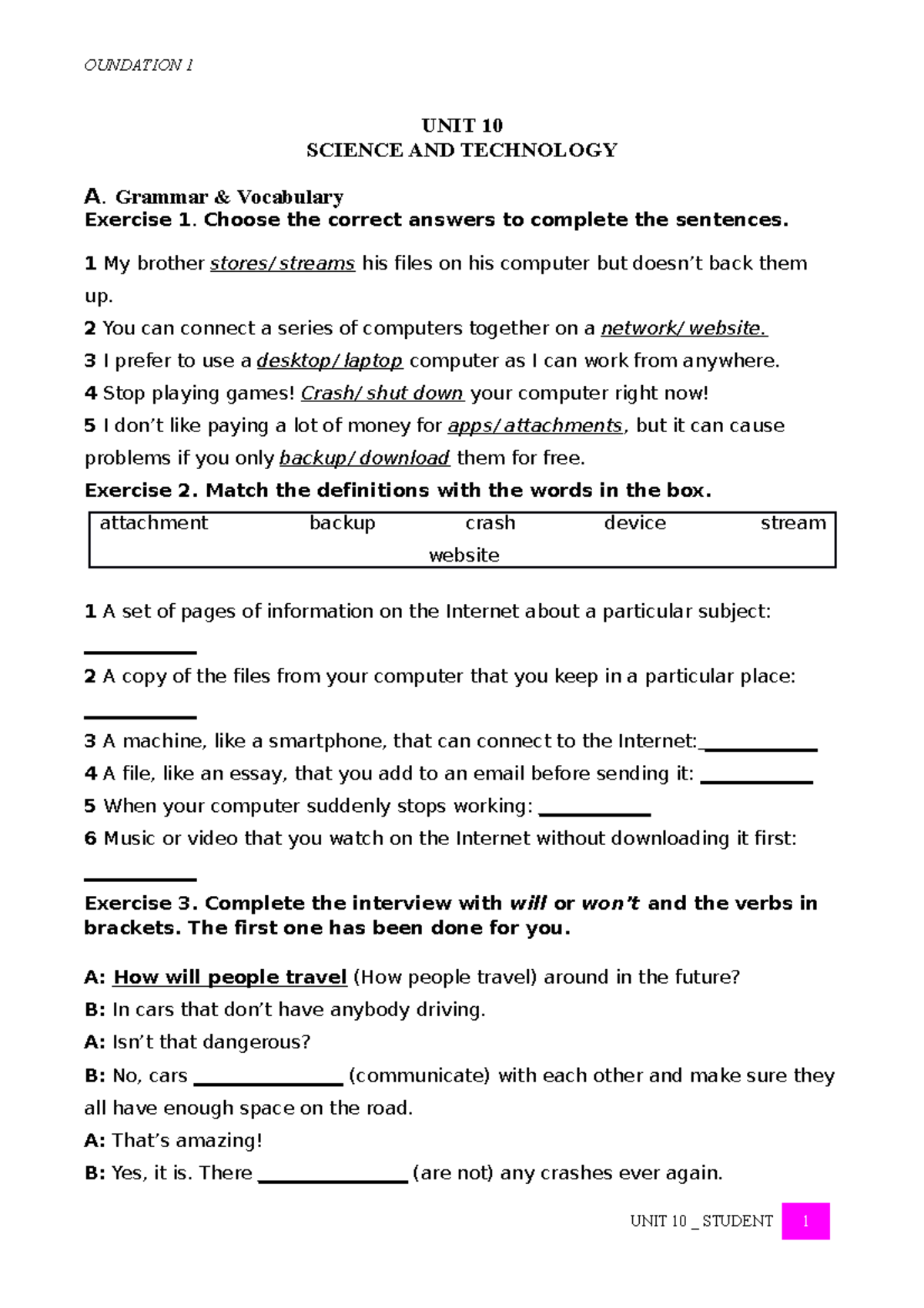 UNIT 10 Student - English exercise level 4 - UNIT 10 SCIENCE AND ...