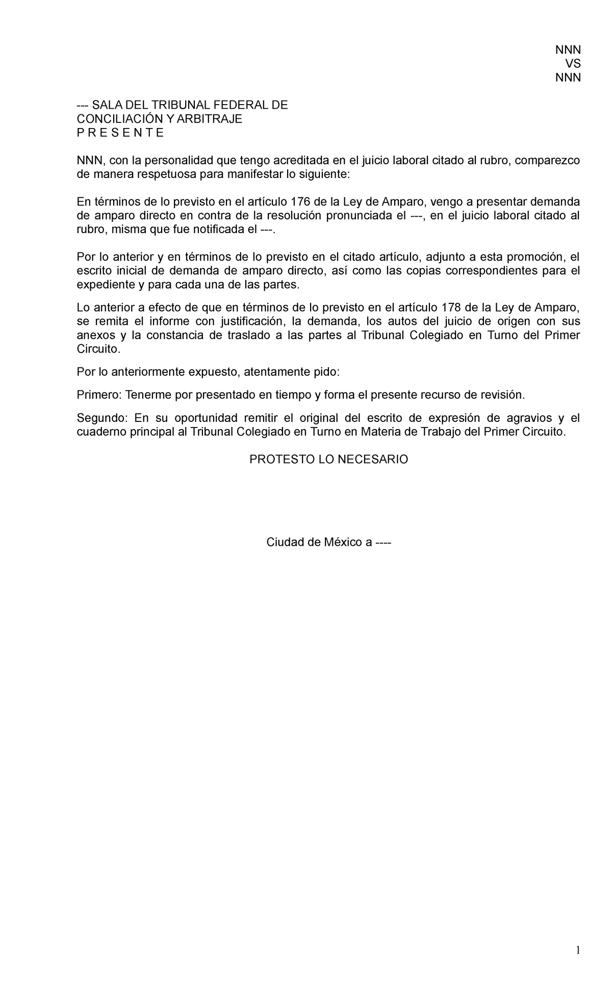 Formato Amparo Directo Laboral NNN VS NNN SALA DEL TRIBUNAL FEDERAL