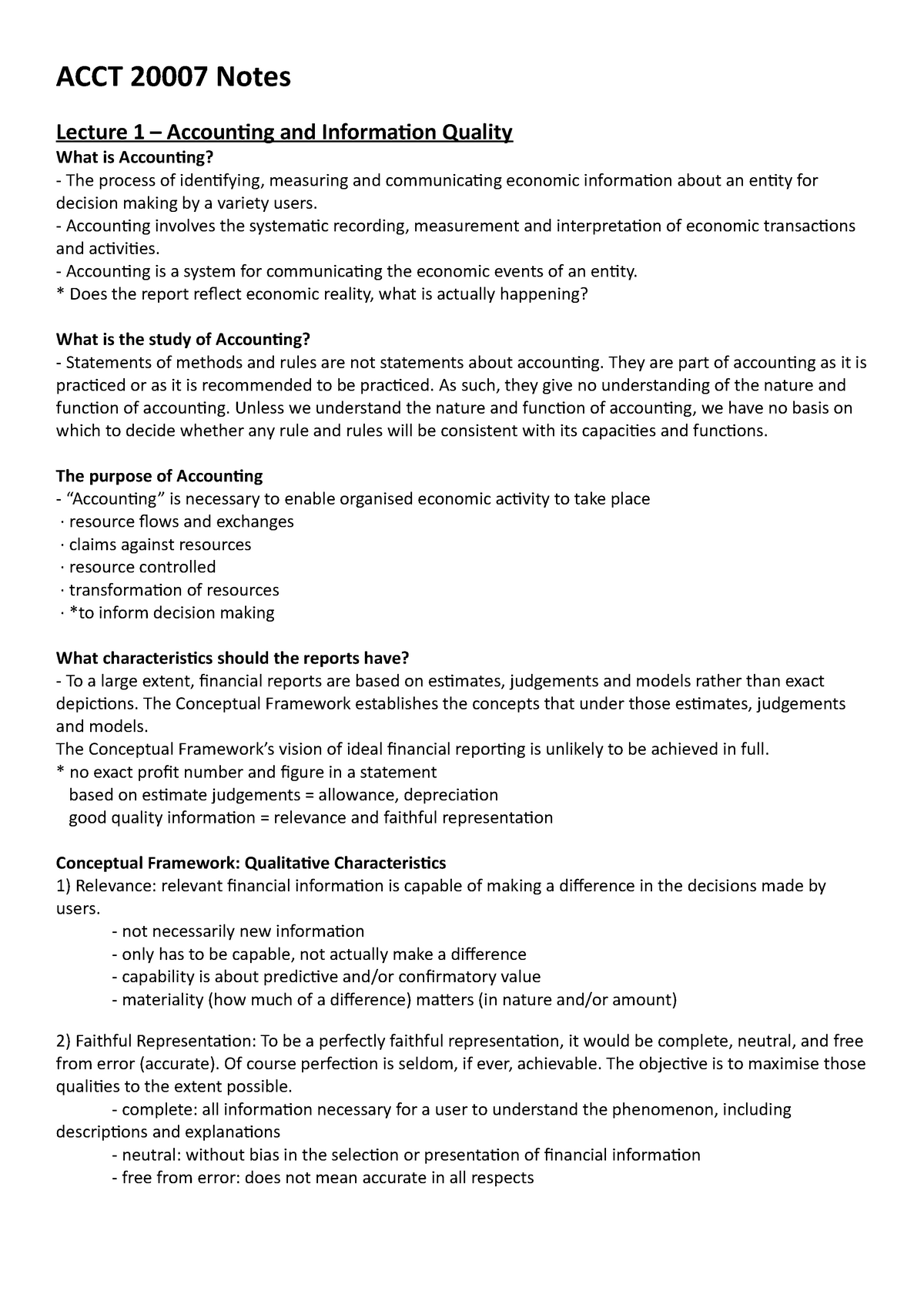 ACCT 2000 7 Notes - ACCT 20007 Notes Lecture 1 – Accounting and ...