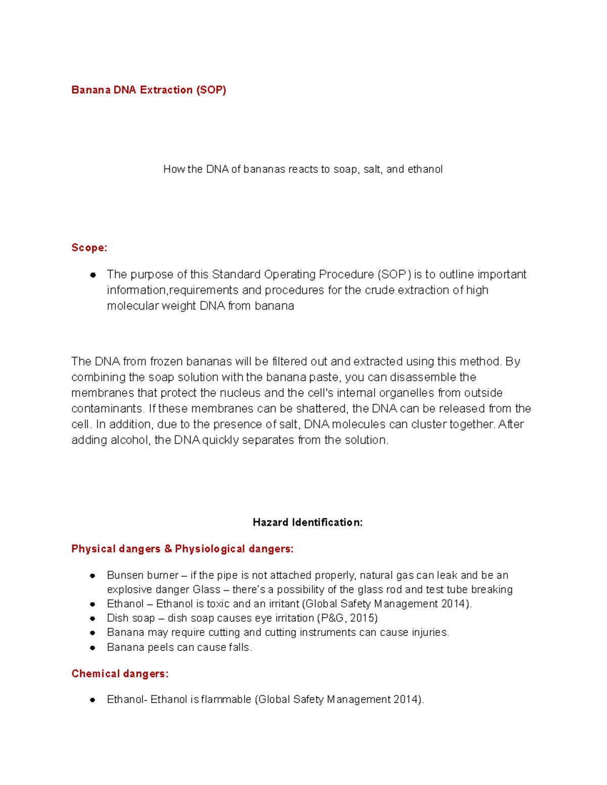 SOP Assignment notes Banana DNA Extraction (SOP) How the DNA of