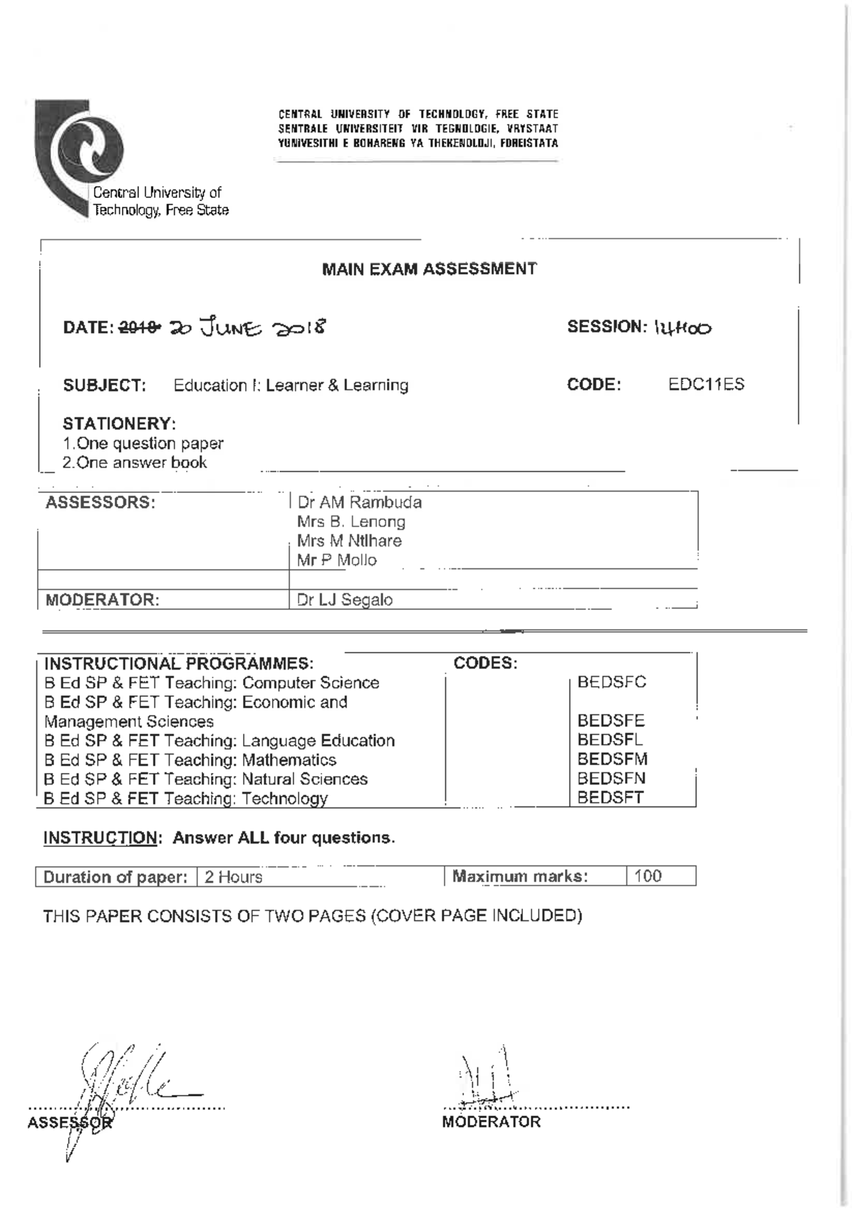 EDC11ES M S1 2018 - QUESTION PAPER - EDSB7905 - Studocu