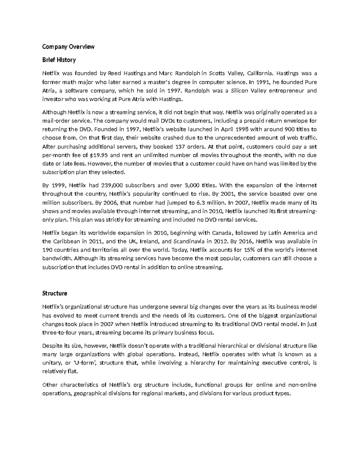 Netflix Intro - Summary Business Administration - Company Overview ...