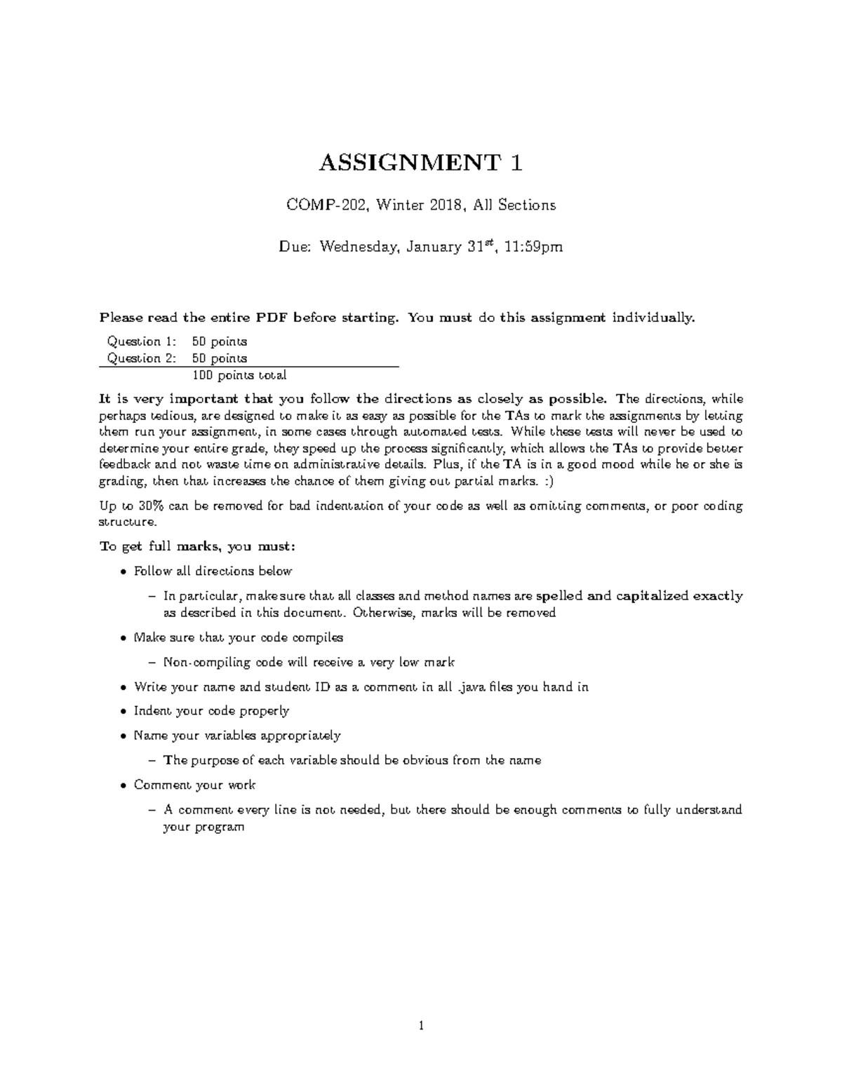 A1Comp202 - Assignment 1 W2018 - ASSIGNMENT 1 COMP-202, Winter 2018 ...