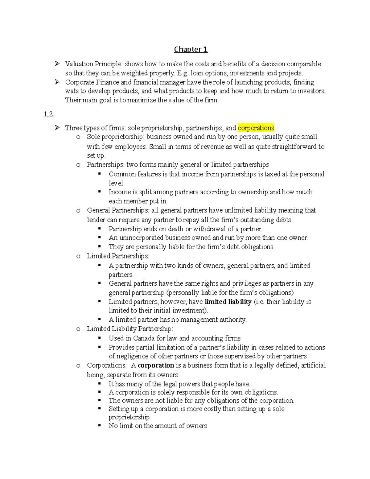 Finance 300 notes week 1 - Chapter 1 Valuation Principle: shows how to ...