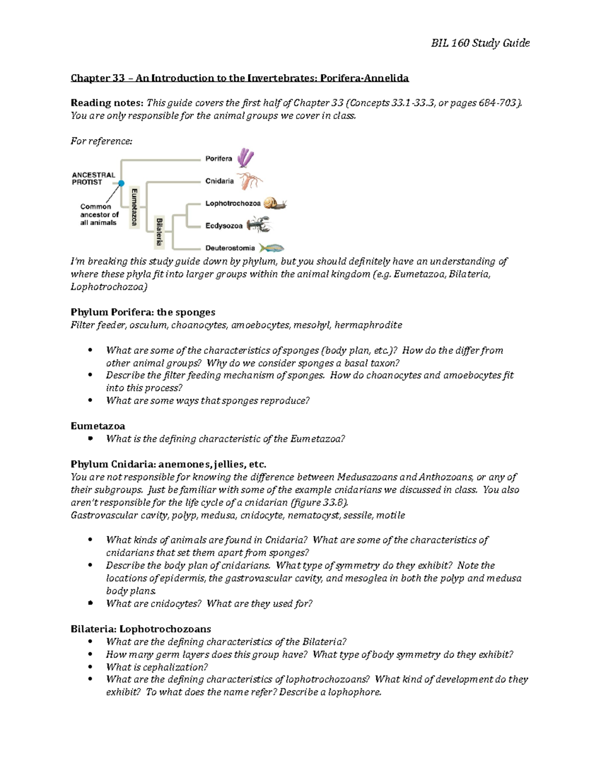 Study Guide 33a - Notes For Exams 1,2,3,4 And Final - BIL 160 Study ...