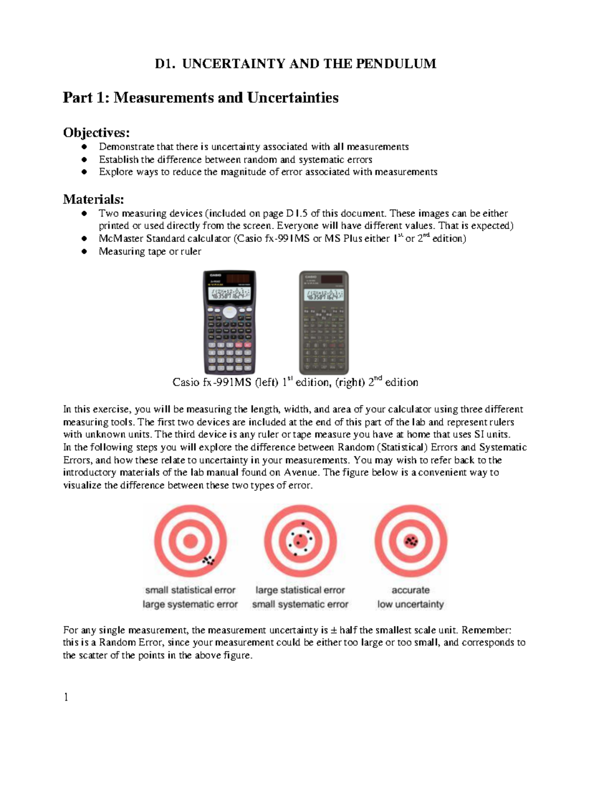 lab 1 experimental errors and uncertainty