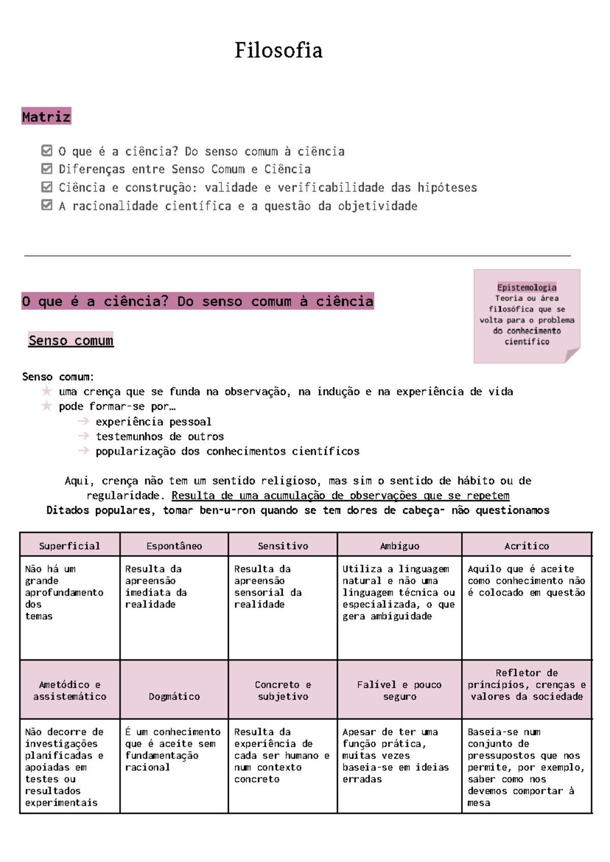 Conhecimento científico - Filosofia Matriz O que é a ciência? Do senso ...