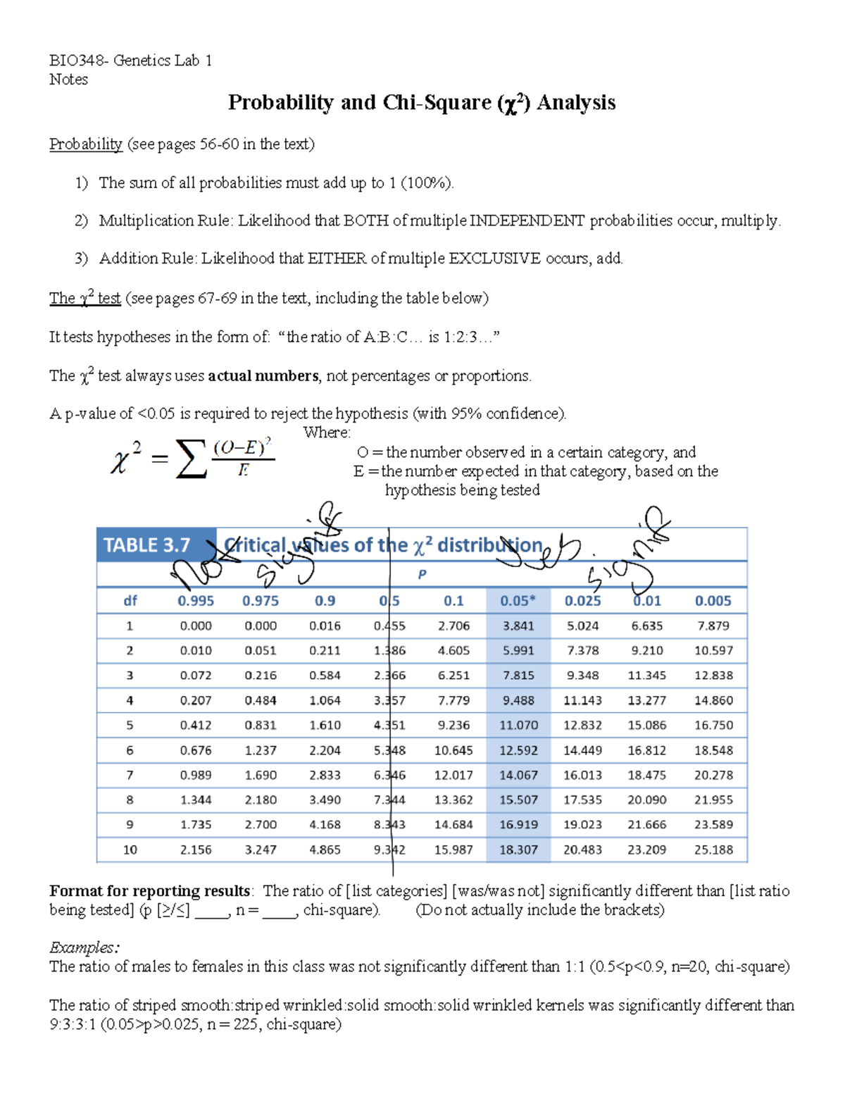 Lab1 - Lab - BIO348- Genetics Lab 1 Notes Probability and Chi-Square ...
